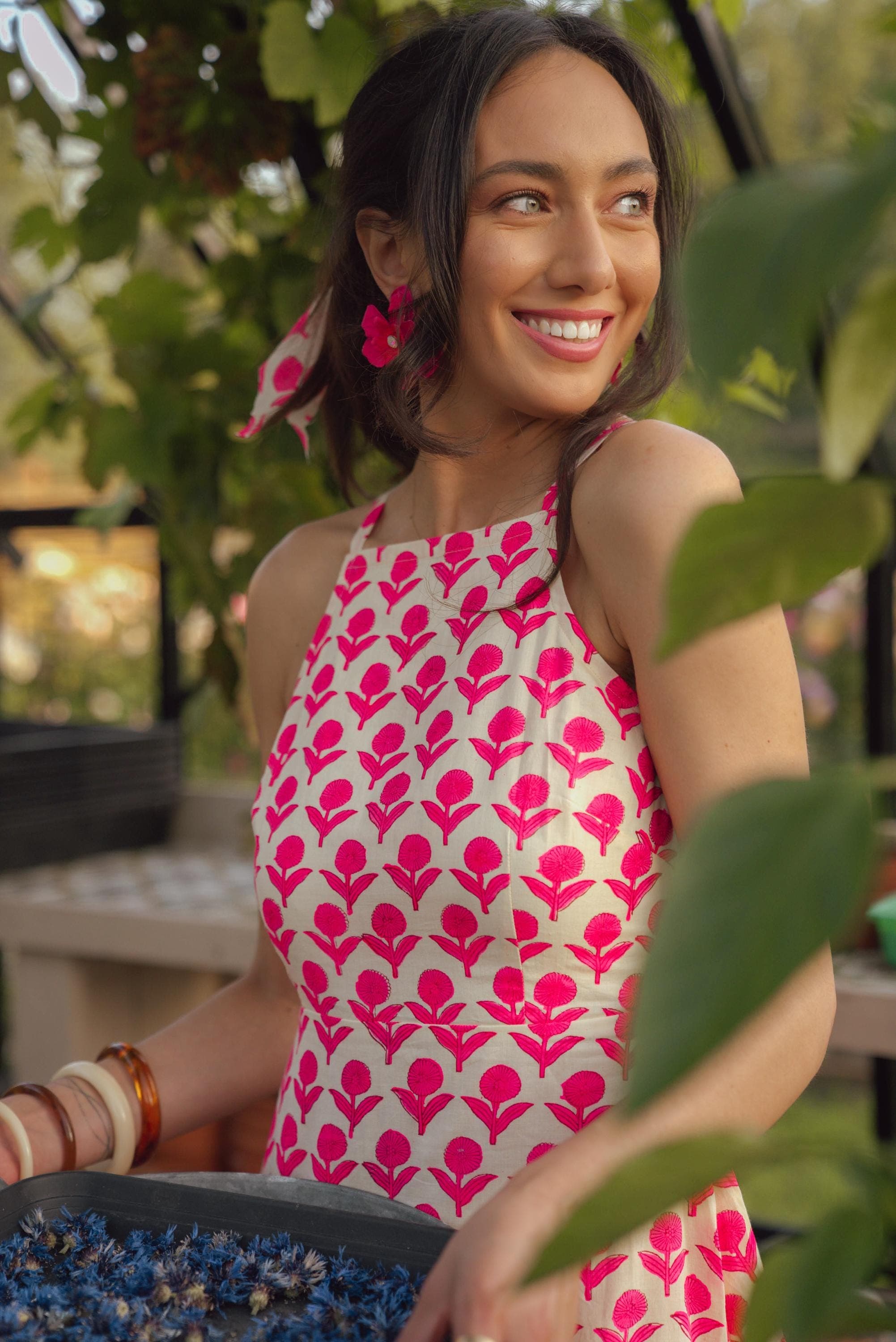 Hand Block Printed Cotton Dress, Boho Halter Sundress Pink Maxi Resort Wear 100% Cotton - image 3