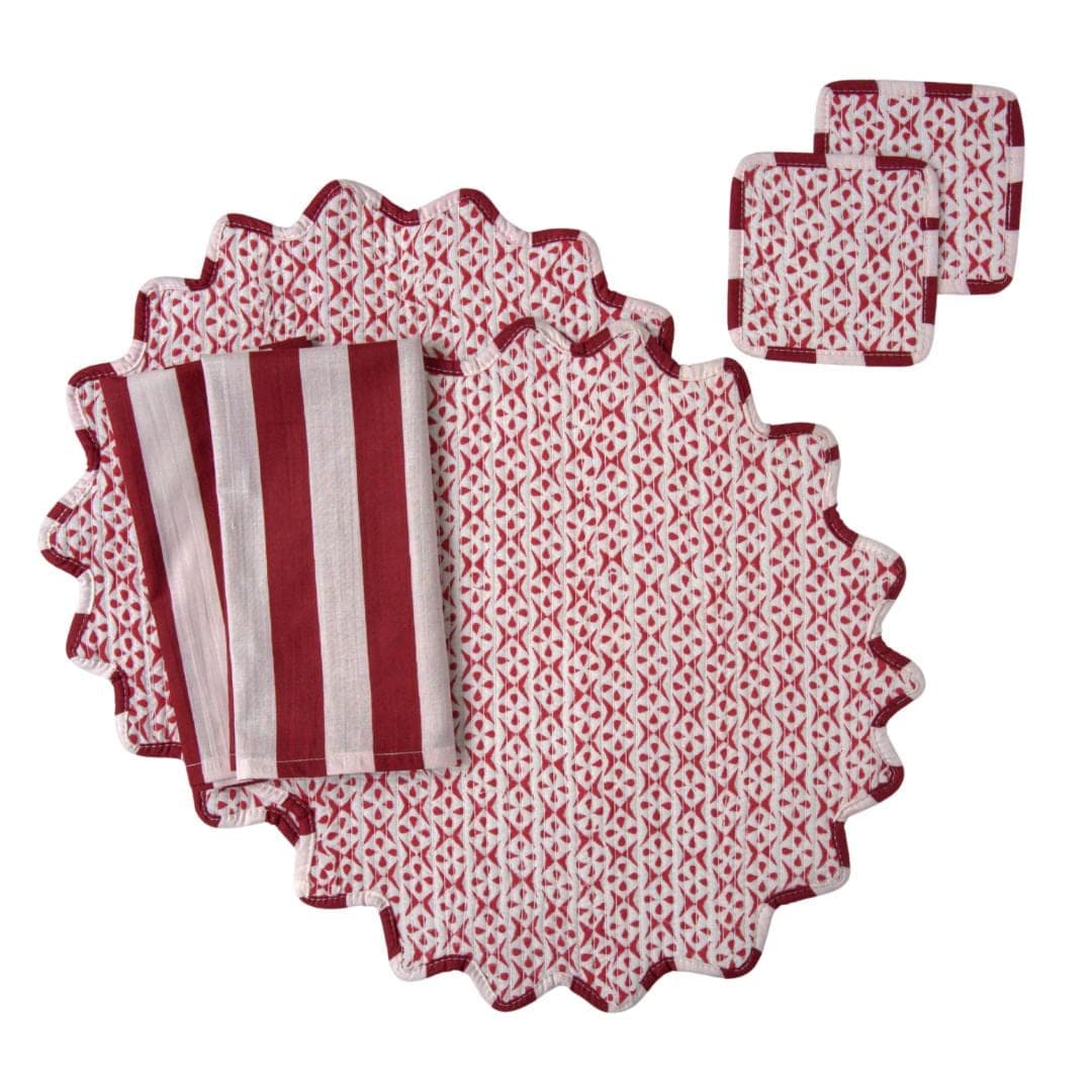 Quilted Round Pink Block Printed Scalloped Placemats Set of 2| Reversible Cotton Table Linens with Napkins & Coasters | Hand Blocked Decor - image 4