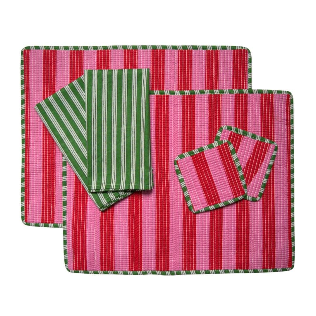 Reversible Quilted Rectangle Placemat Set | Cotton Table Linens with Napkins & Coasters | Hand Block Printed Decor | Colourful Cottage Core - image 4
