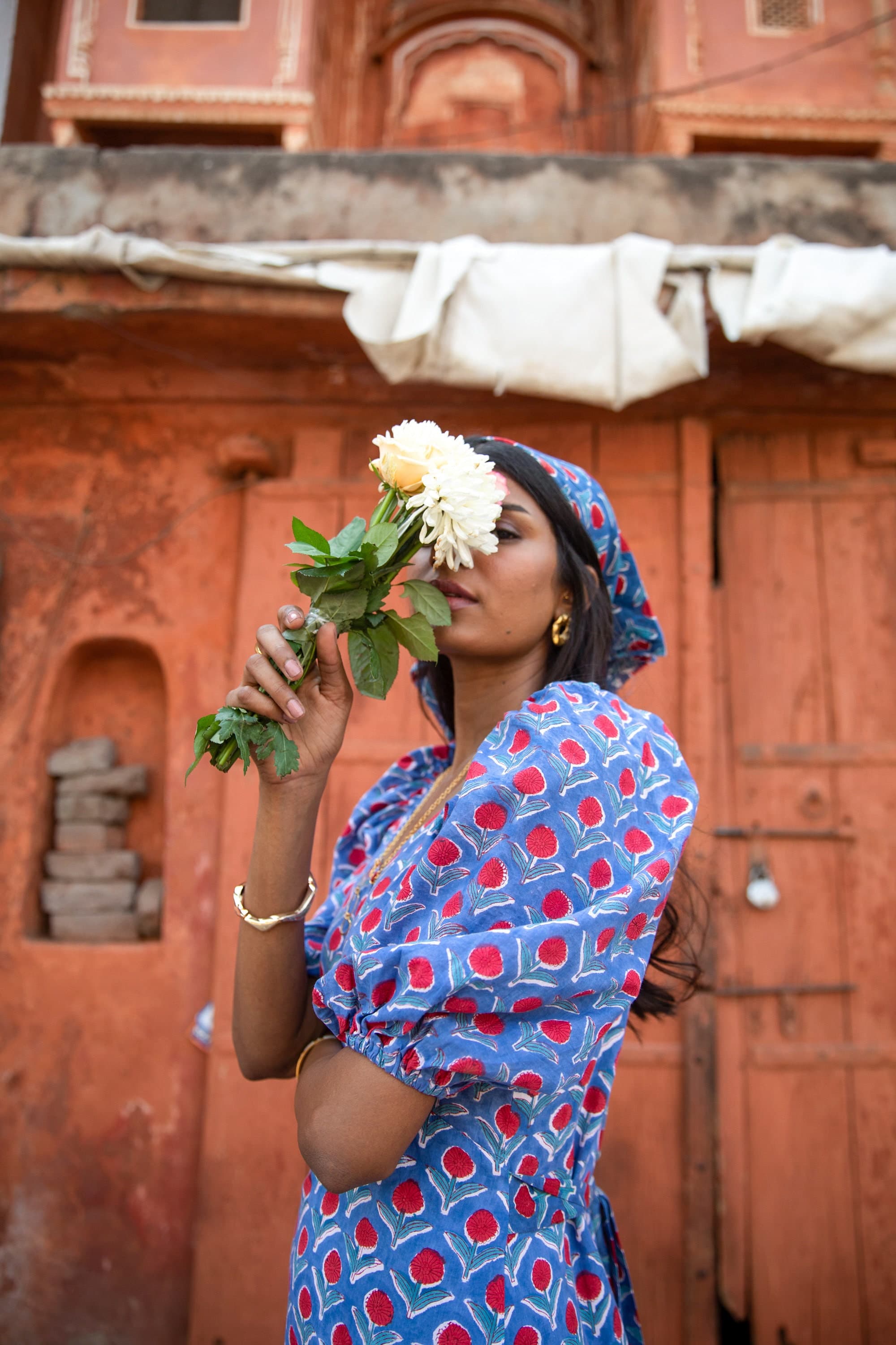 Hand Block Printed Cotton Sundress: Summer Blue Floral Puff Sleeve Dress - image 3