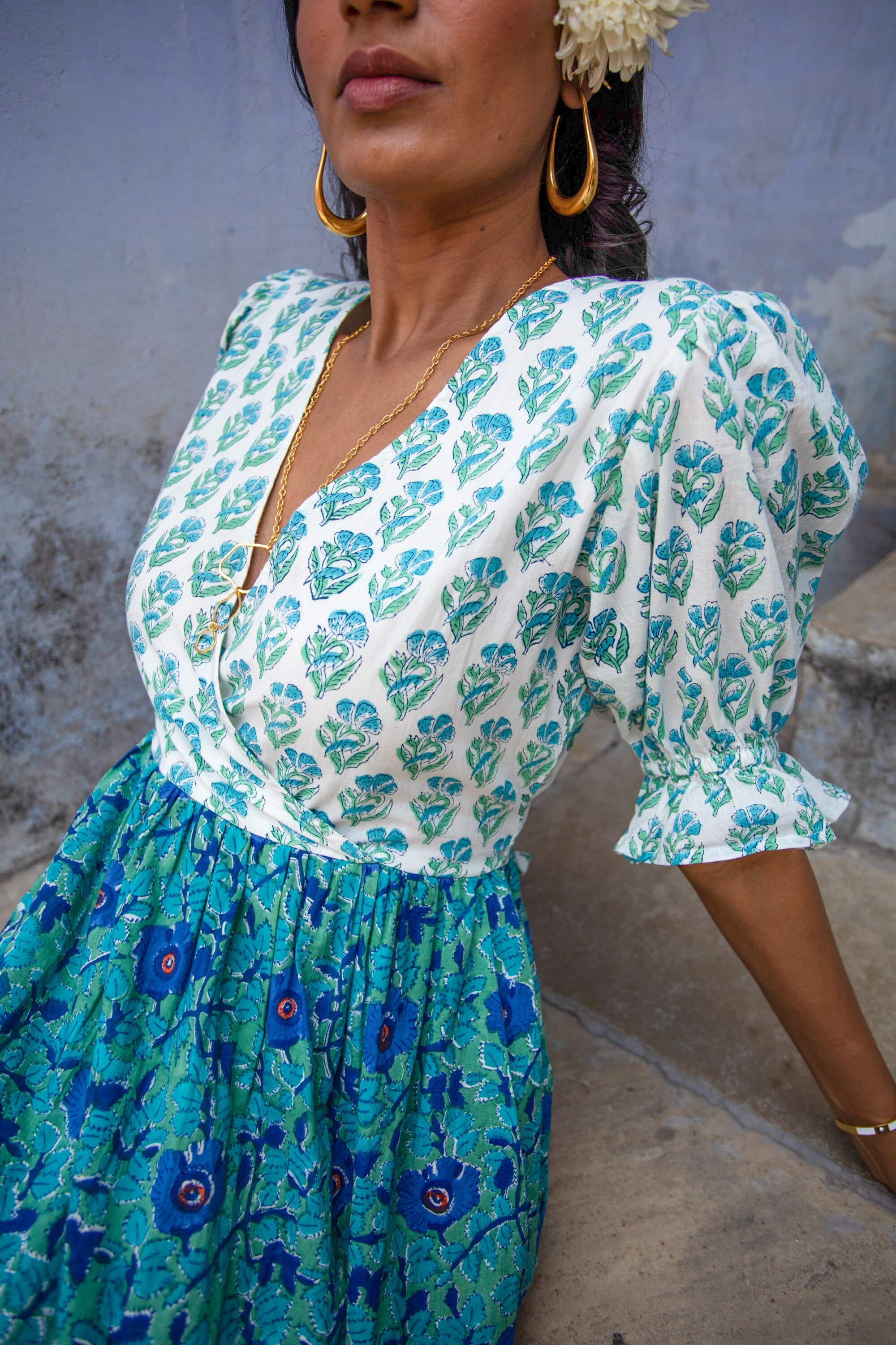 Hand Block Printed Organic Cotton Maxi Dress, Color Block Tiered Sundress - image 3