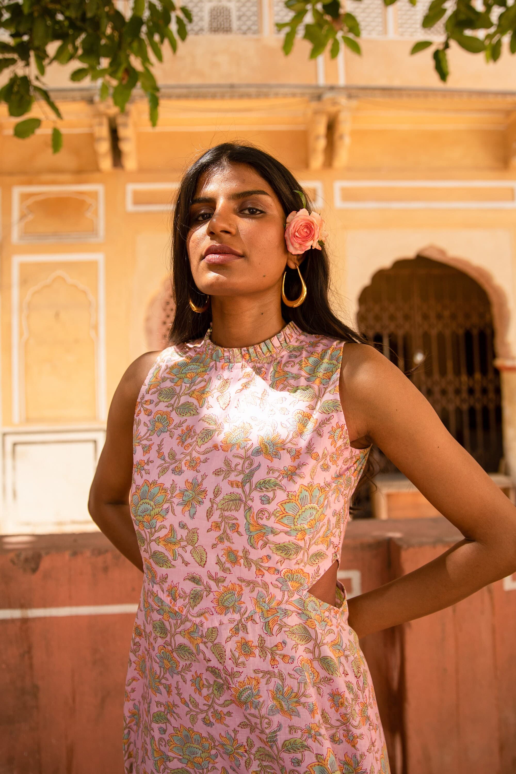 Hand Block Printed Pink Floral Dress, Organic Cotton Midi with Cut Outs - image 5