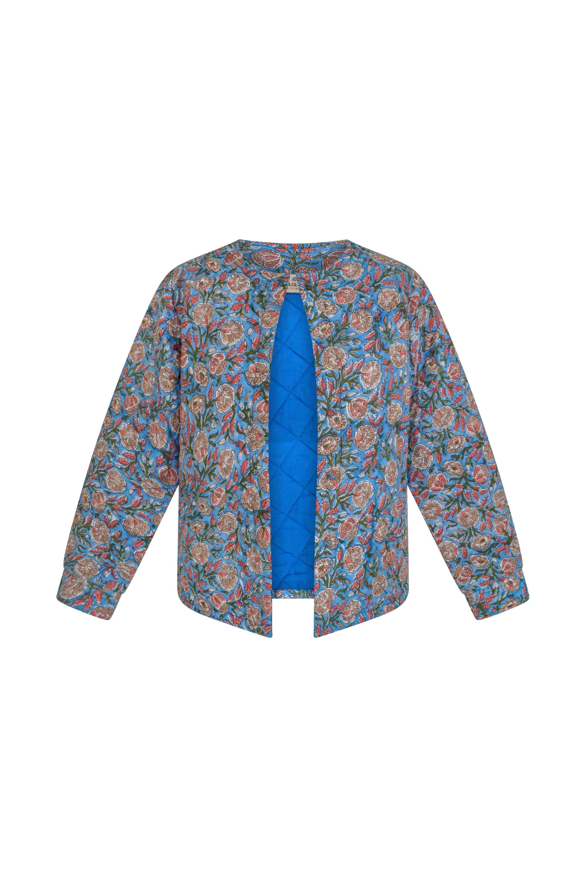 Hand Block Printed Quilted Jacket: Blue Floral Organic Cotton - image 4