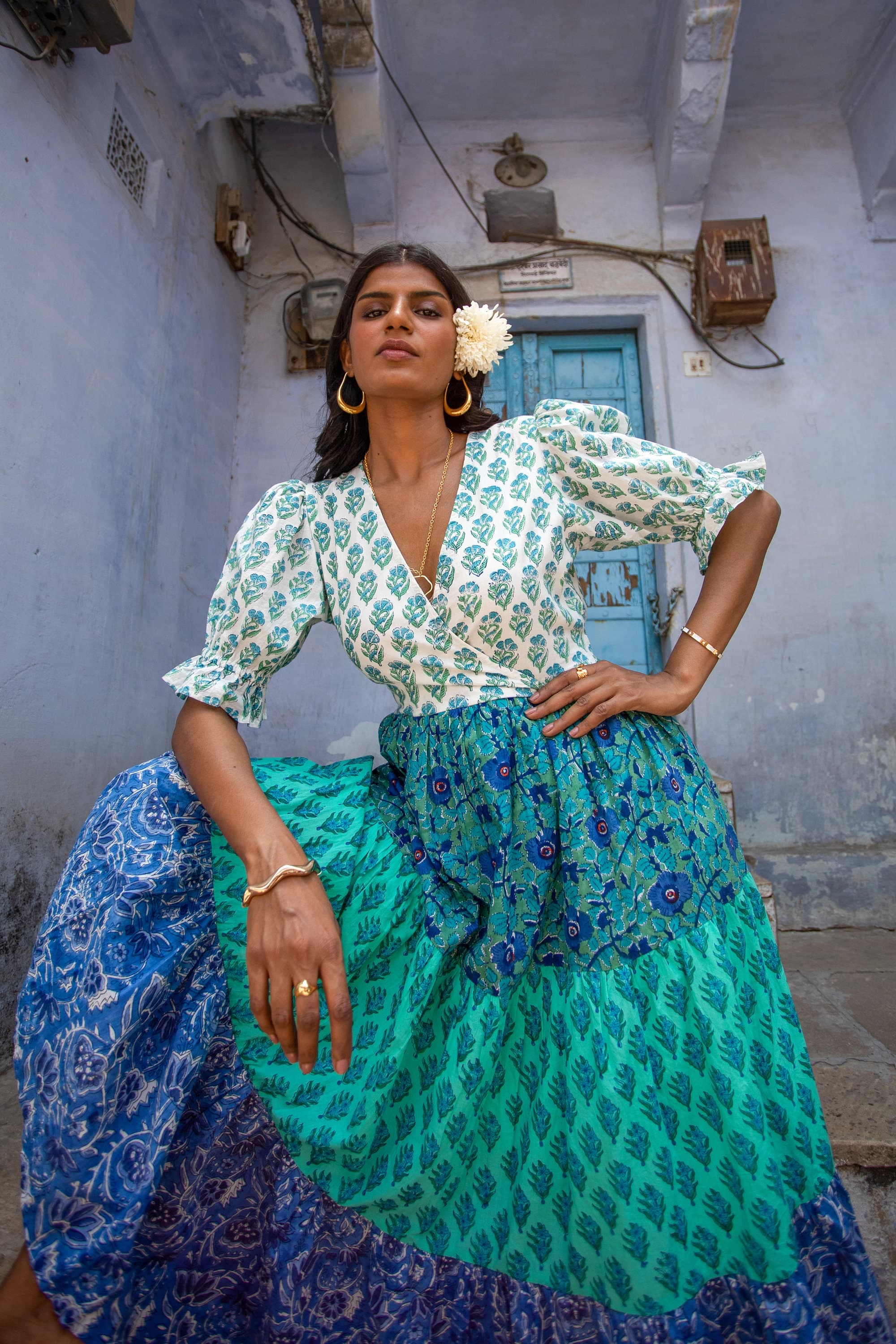 Hand Block Printed Organic Cotton Maxi Dress, Color Block Tiered Sundress - image 5