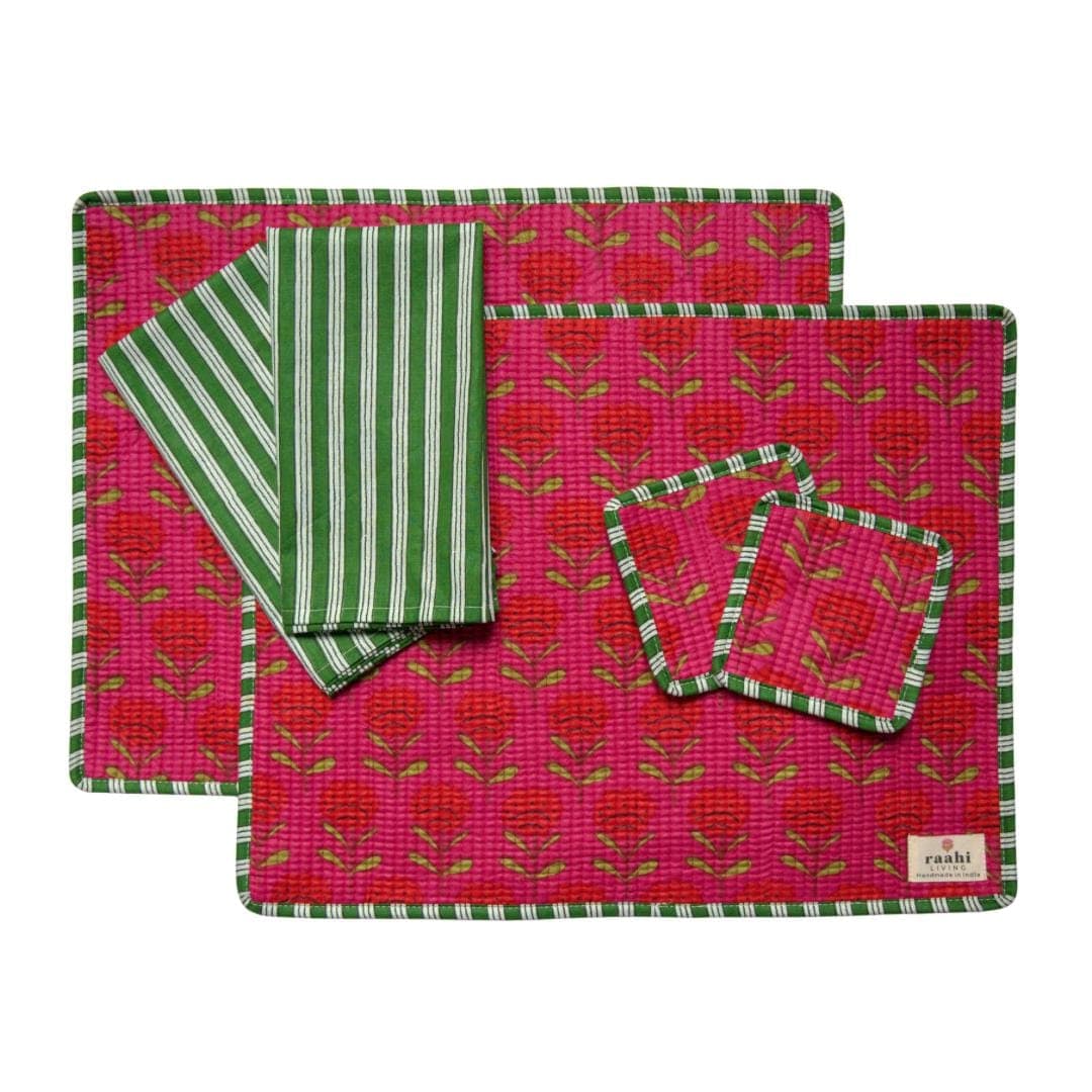 Reversible Quilted Rectangle Placemat Set | Cotton Table Linens with Napkins & Coasters | Hand Block Printed Decor | Colourful Cottage Core - image 3