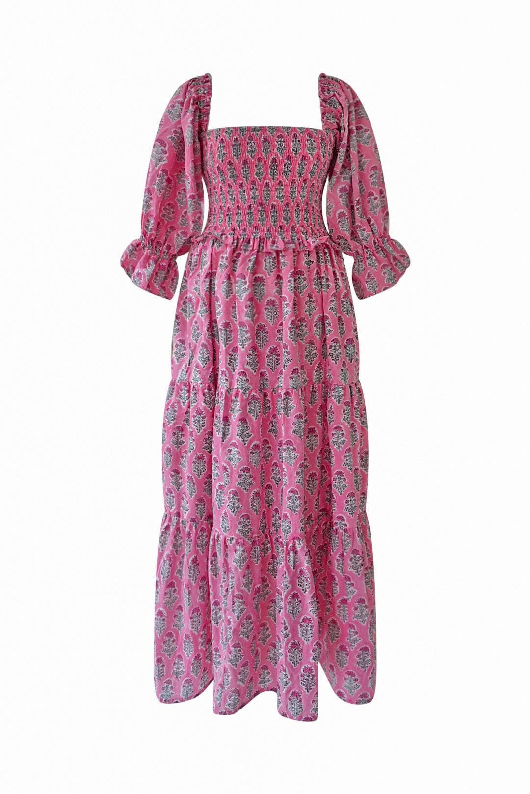 Hand Block Printed Maxi Dress: Floral Pink Smocked Organic Cotton - image 4