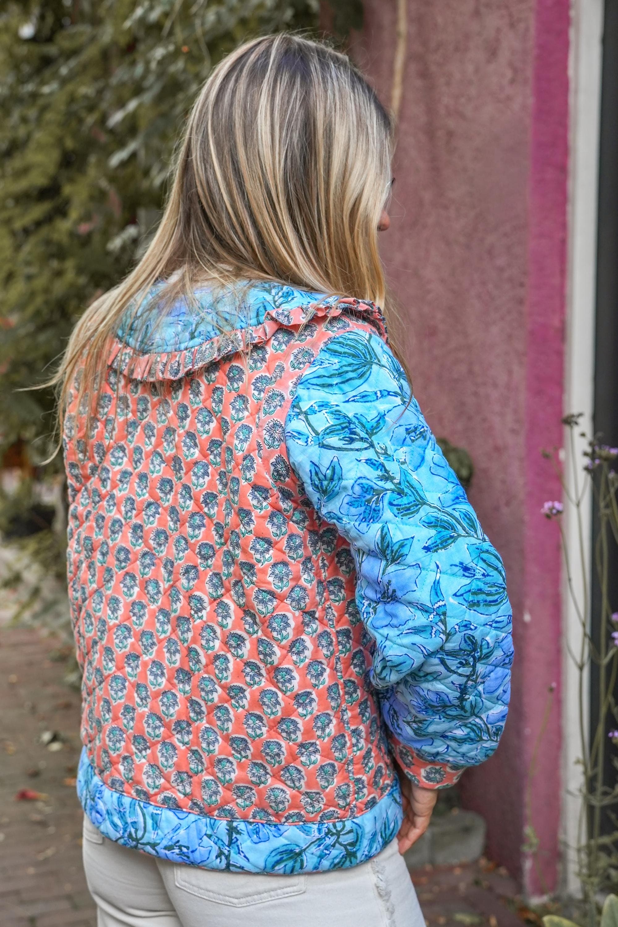 Hand Block Printed Quilted Jacket: Organic Cotton Floral Ruffle Collar - image 4