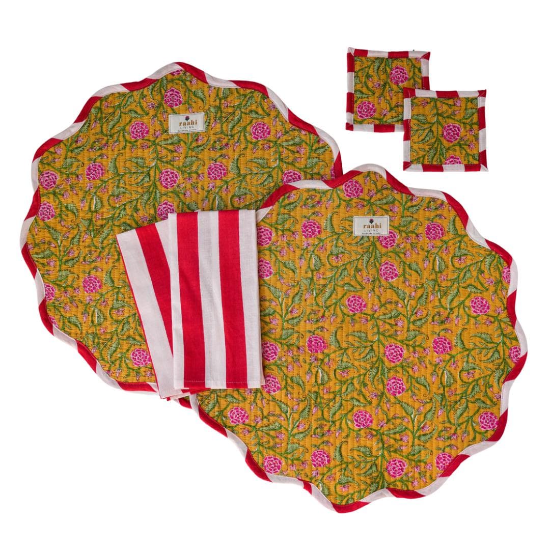 Block Printed Scalloped Placemat Set | Reversible Cotton Table Linens - image 4