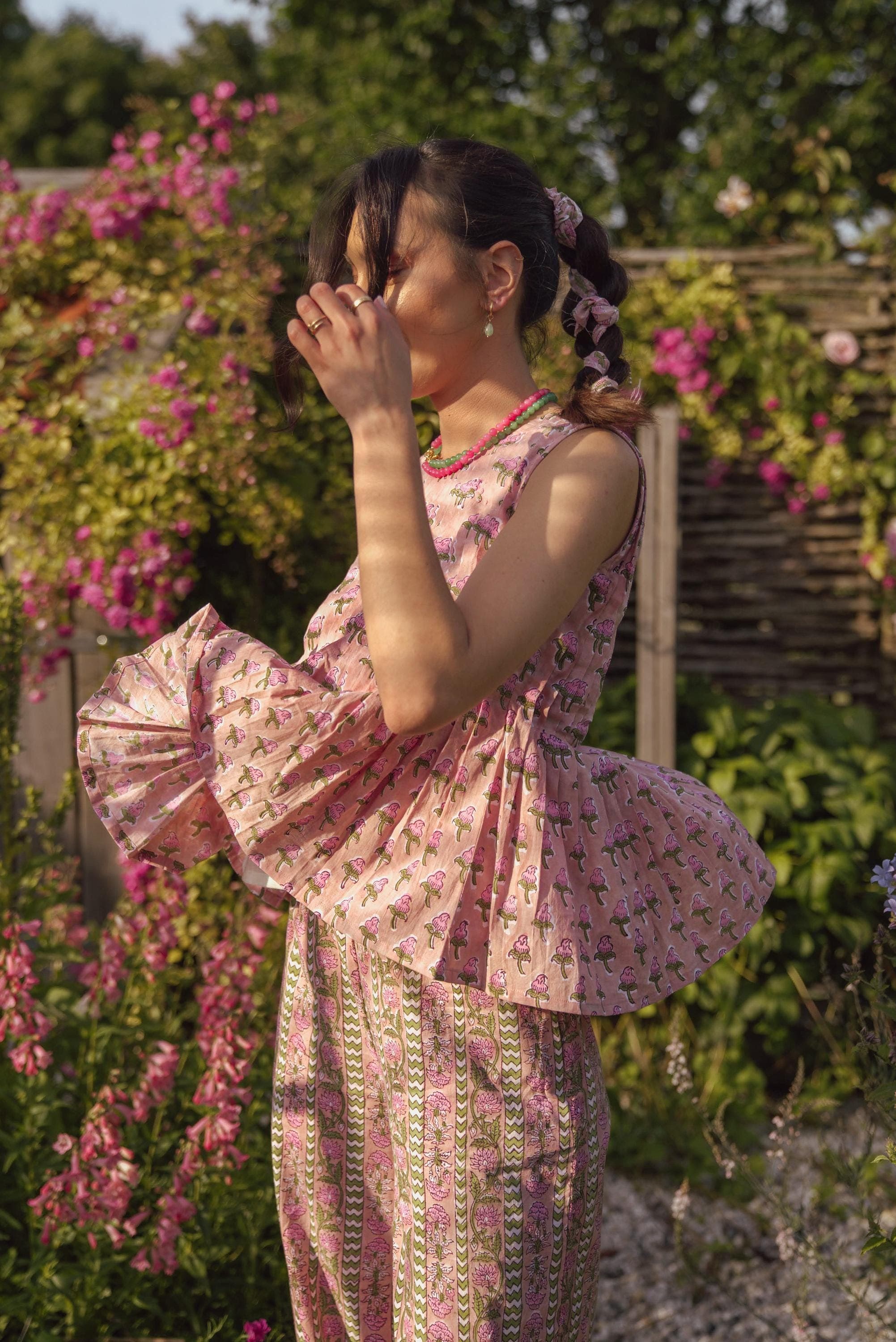 Hand Block Printed Cotton Co-ord Set: Pleated Top, Wide Leg Pants