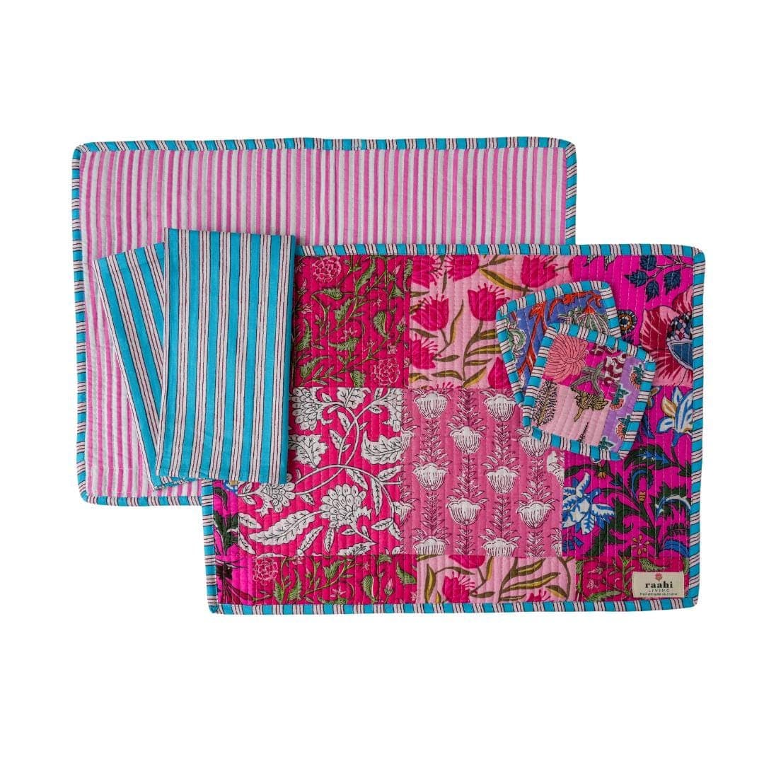 Pink Patchwork Reversible Quilted Rectangle Placemat Set | Cotton Table Linens with Napkins & Coasters | Block Printed - image 4