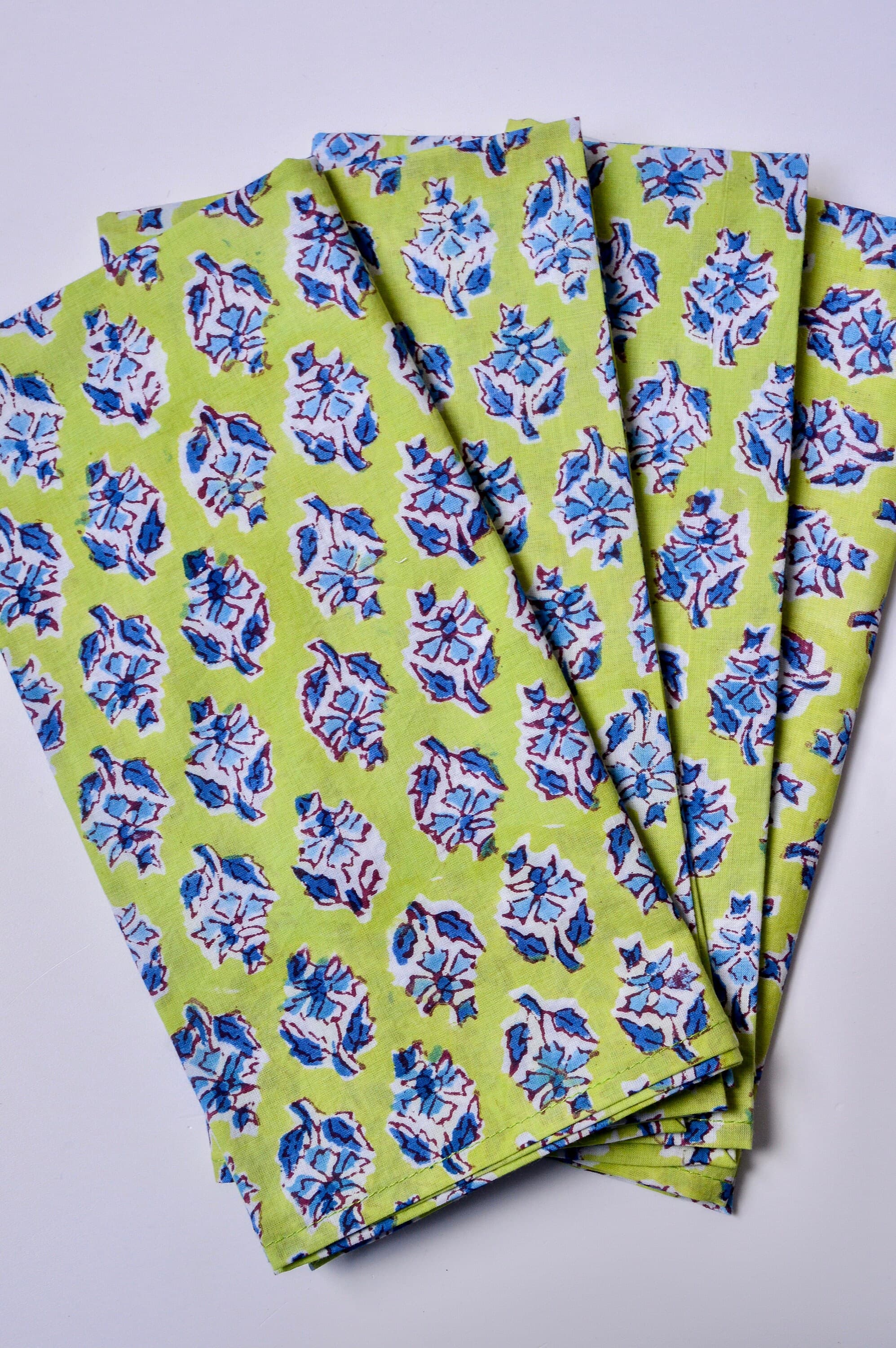 Hand Block Printed Cotton Dinner Napkins, Green Blue Floral, Set of 4