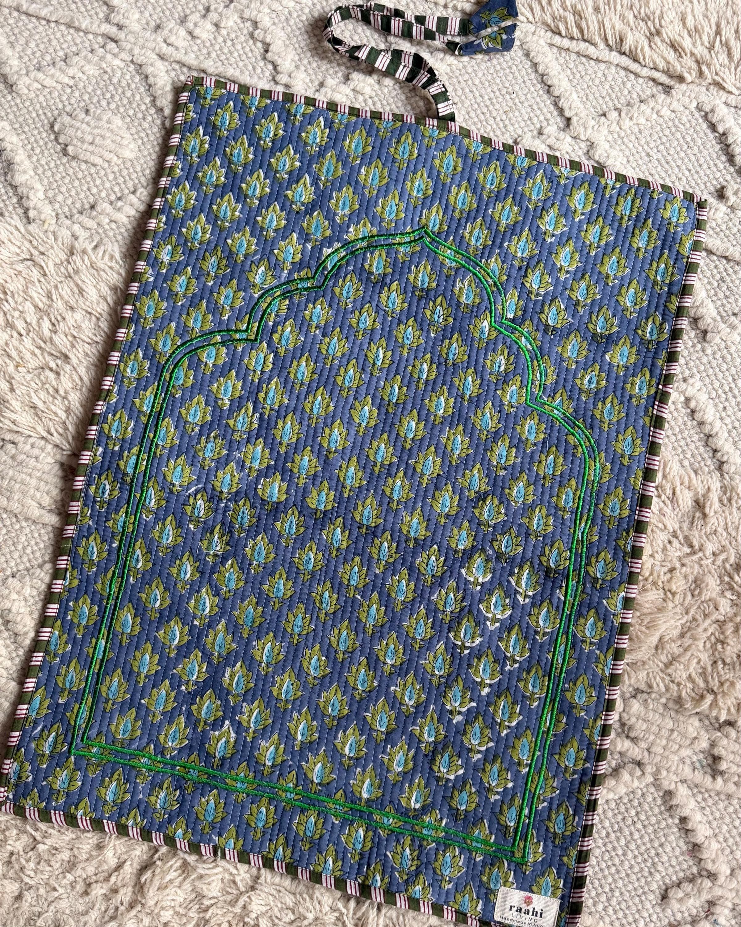 Prayer Mat, Quilted Cotton Janamaz, Hand Block Printed Sajjadah, Embroidered Mihrab, Islamic Gift for Ramadan, Travel Prayer Rug