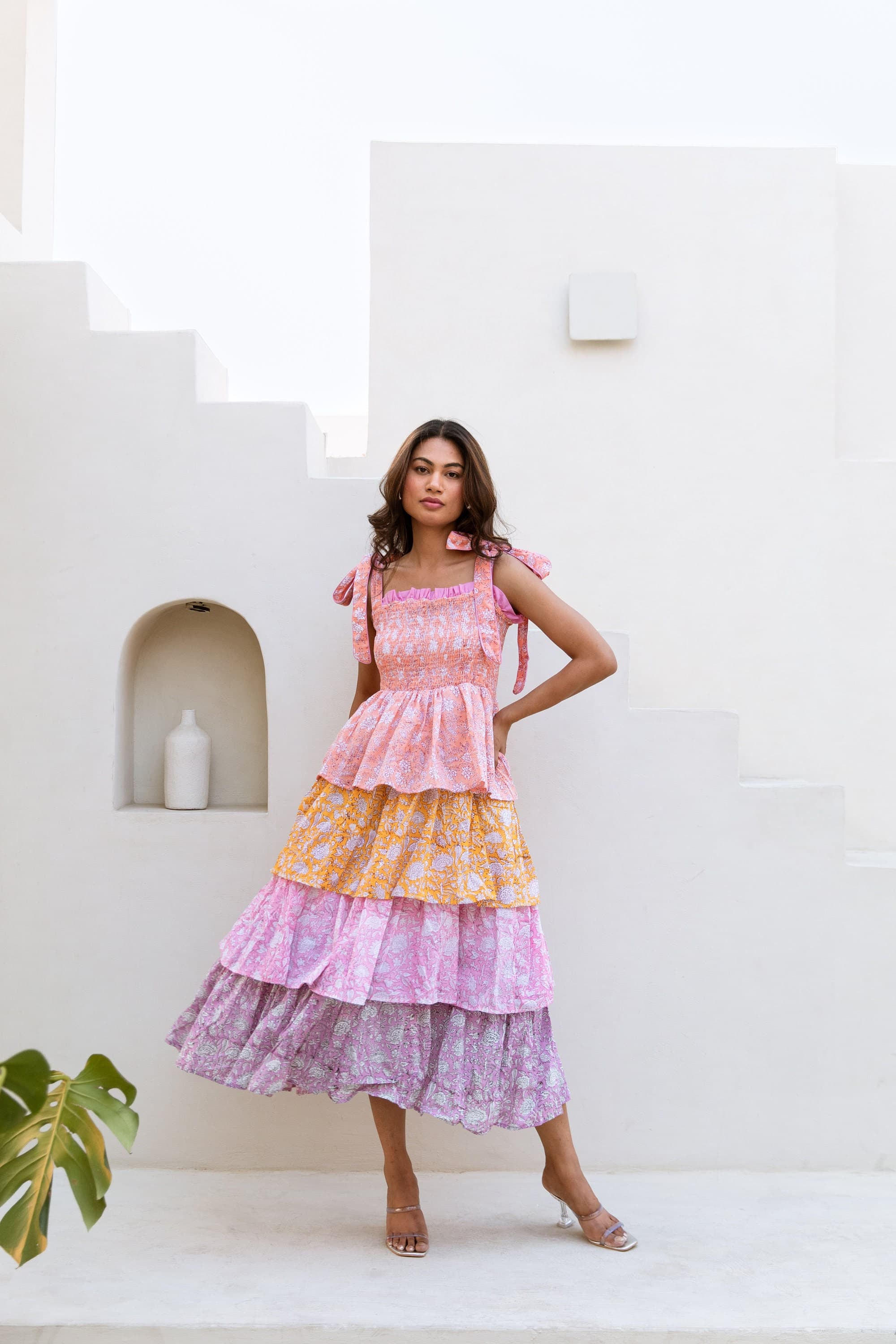 Hand Block Printed Cotton Dress, Tiered Pastel Sun Dress