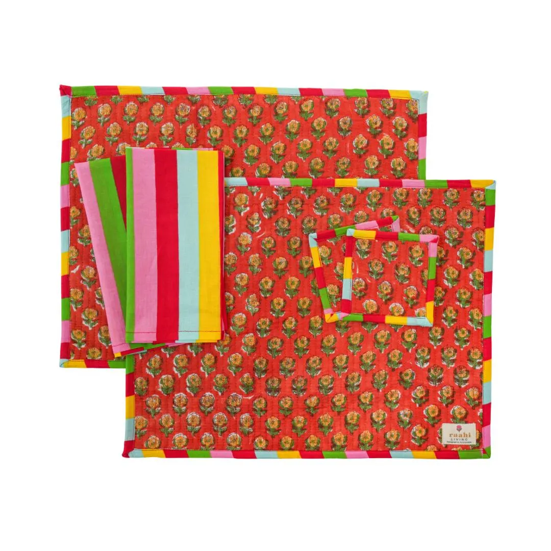 Quilted Rectangle Block Printed Reversible Placemats Set of 2| Reversible Cotton with Colourful Striped Napkins & Coasters | Hand Blocked - image 3