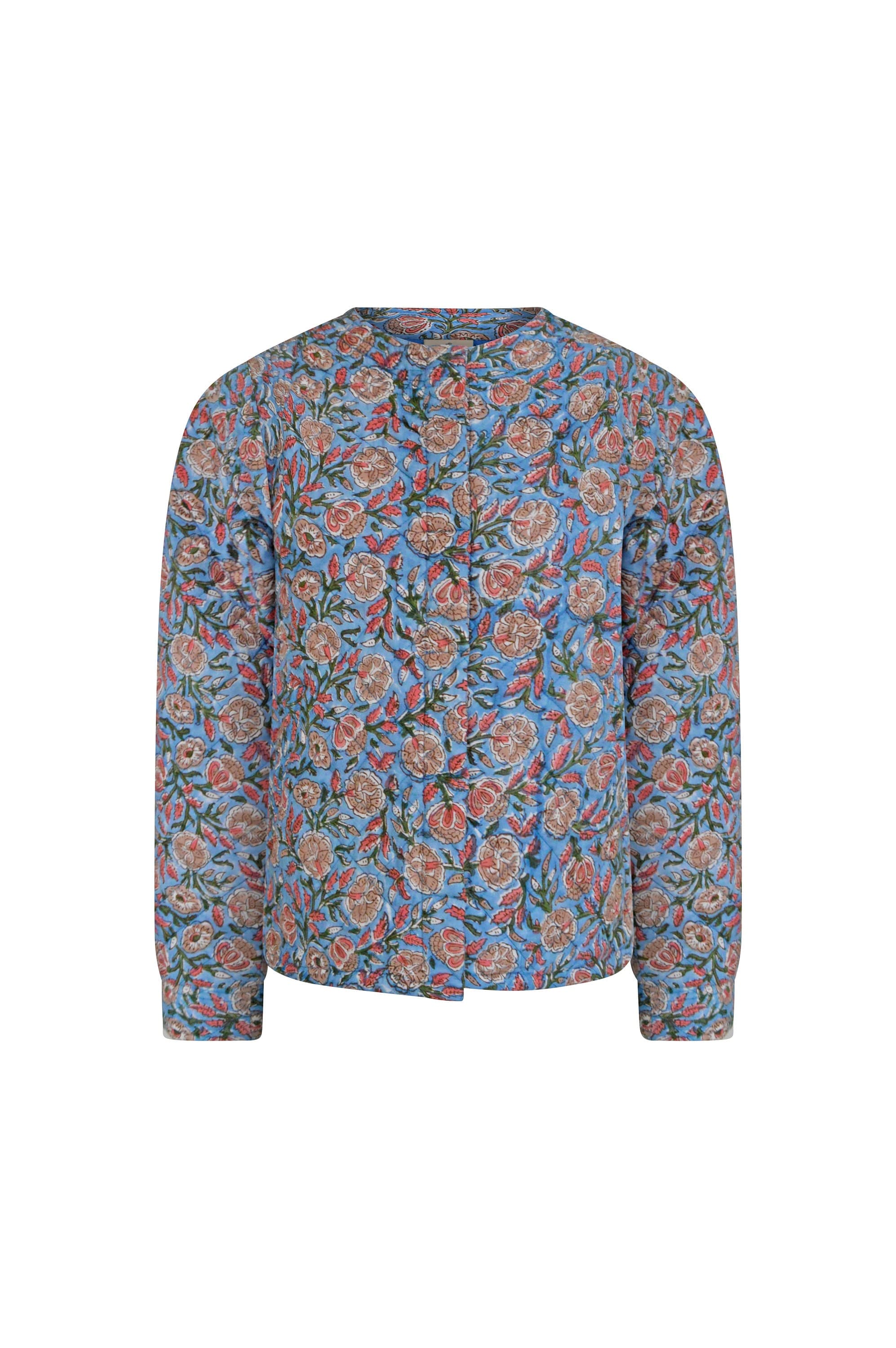 Hand Block Printed Quilted Jacket: Blue Floral Organic Cotton - image 5