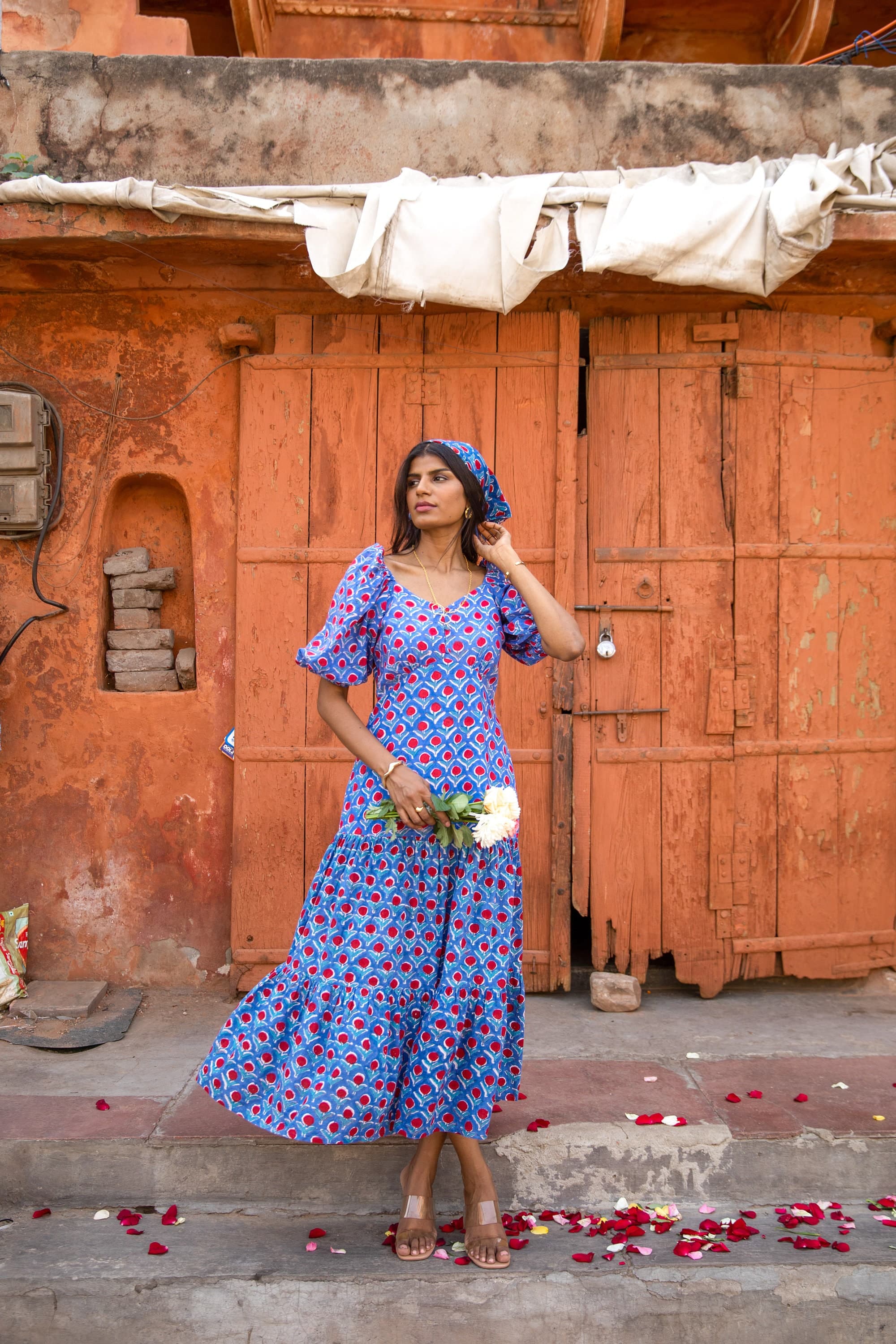 Hand Block Printed Cotton Sundress: Summer Blue Floral Puff Sleeve Dress