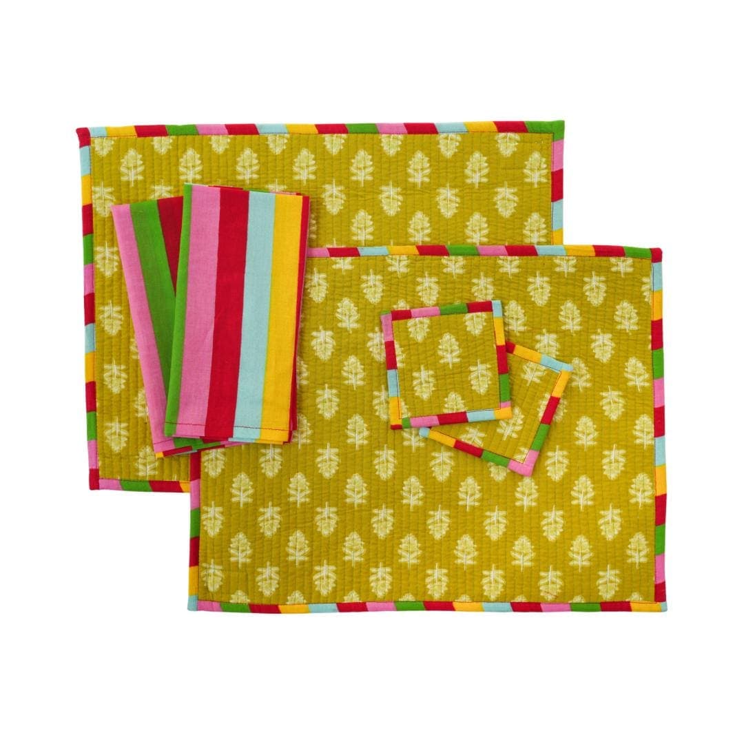 Quilted Rectangle Block Printed Reversible Placemats Set of 2| Reversible Cotton with Colourful Striped Napkins & Coasters | Hand Blocked - image 4