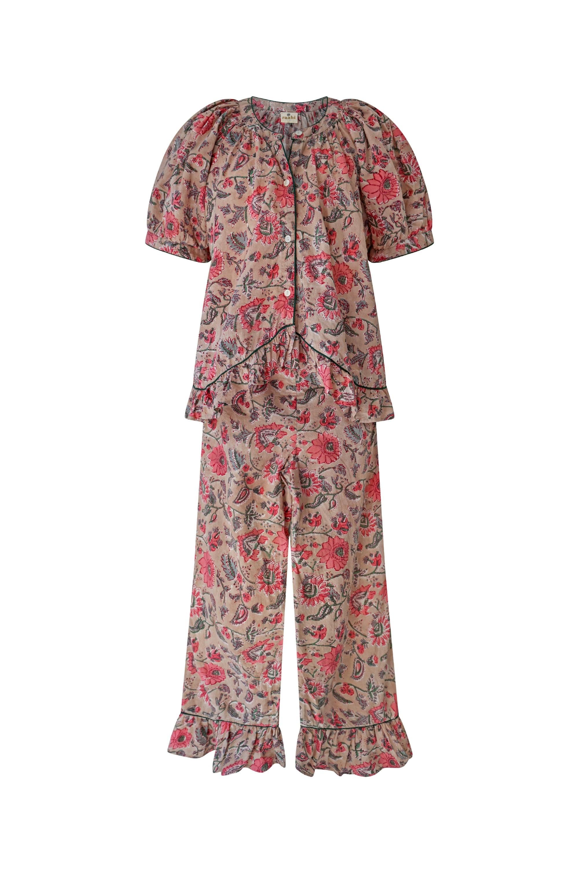 Hand Block Printed Cotton Pajama Set, Ruffle Hem Loungewear