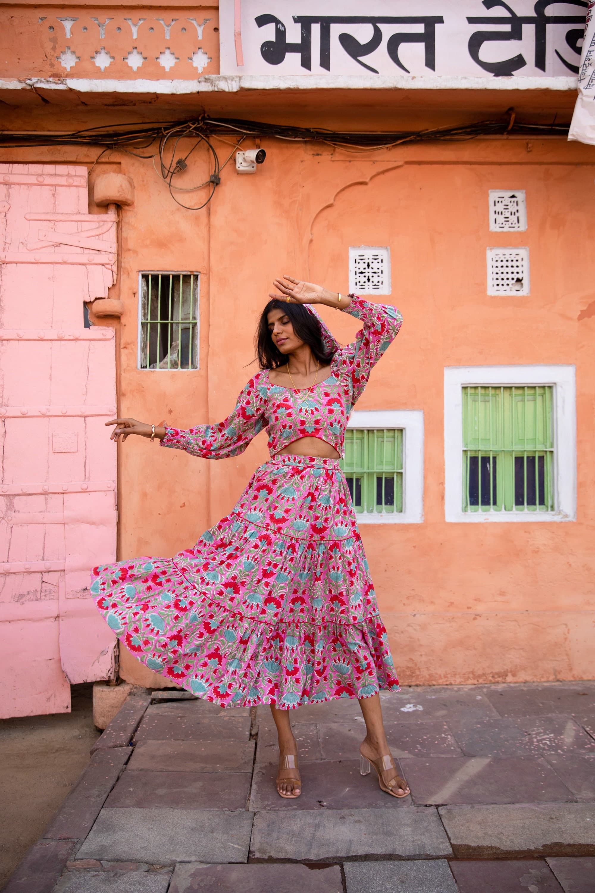 Hand Block Printed Cotton Co-ord Set: Crop Top & Tiered Skirt