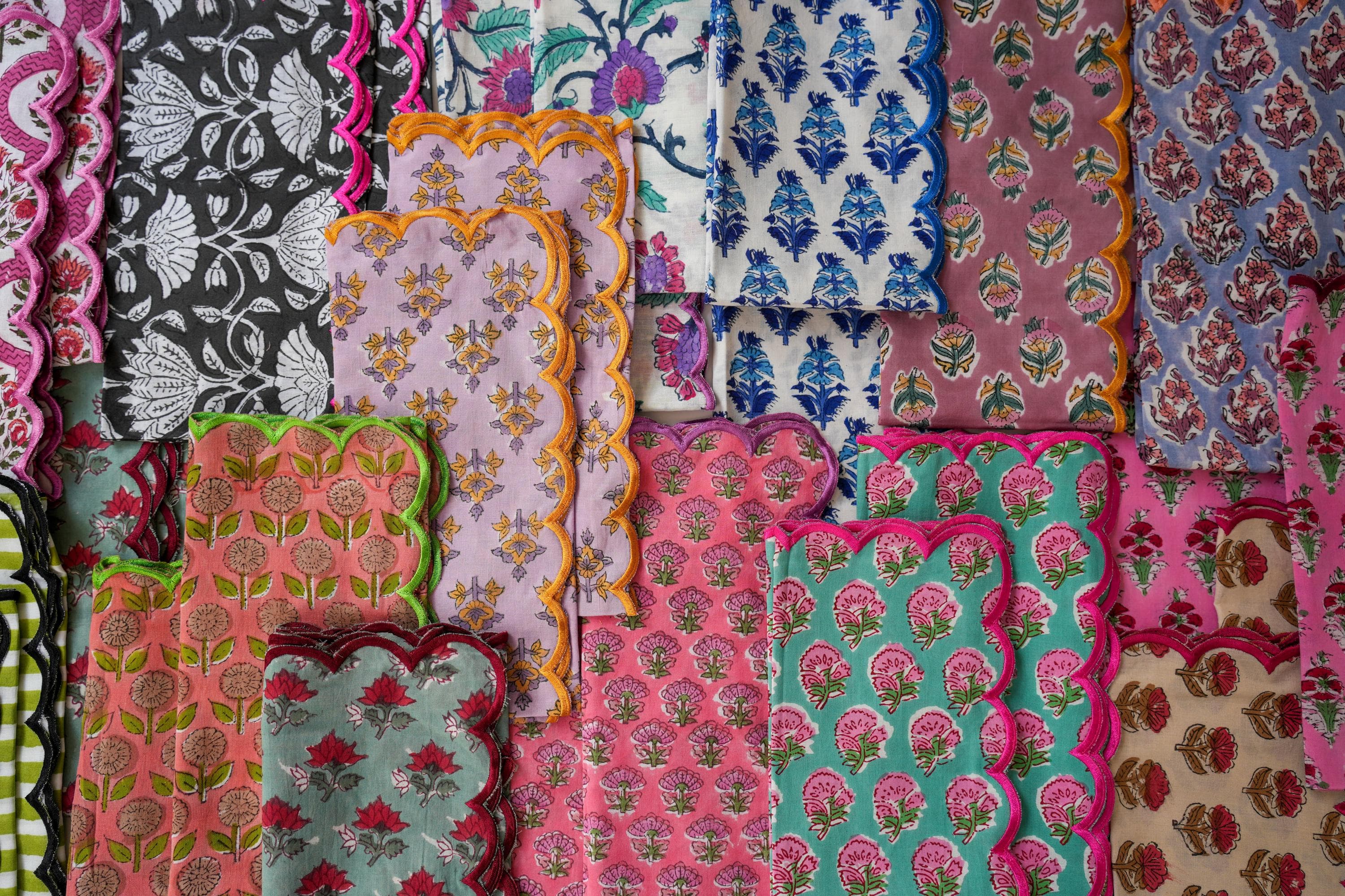Hand Block Print Napkins, Set of 2, Scallop Edge, Floral Indian Cotton - image 3