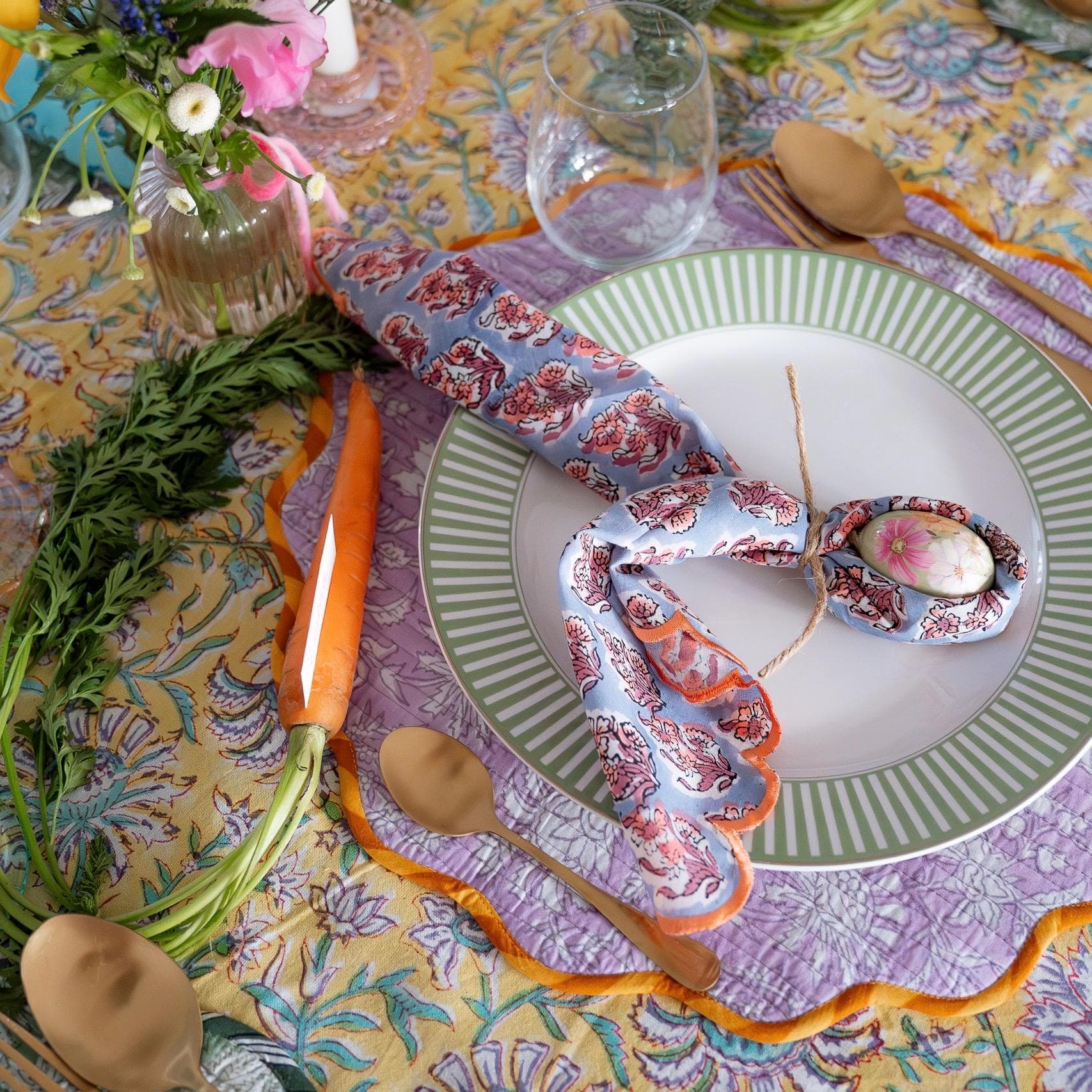 Hand Block Print Napkins (Set of 2) - Scallop Edge Embroidered Cotton Table Linens - image 3