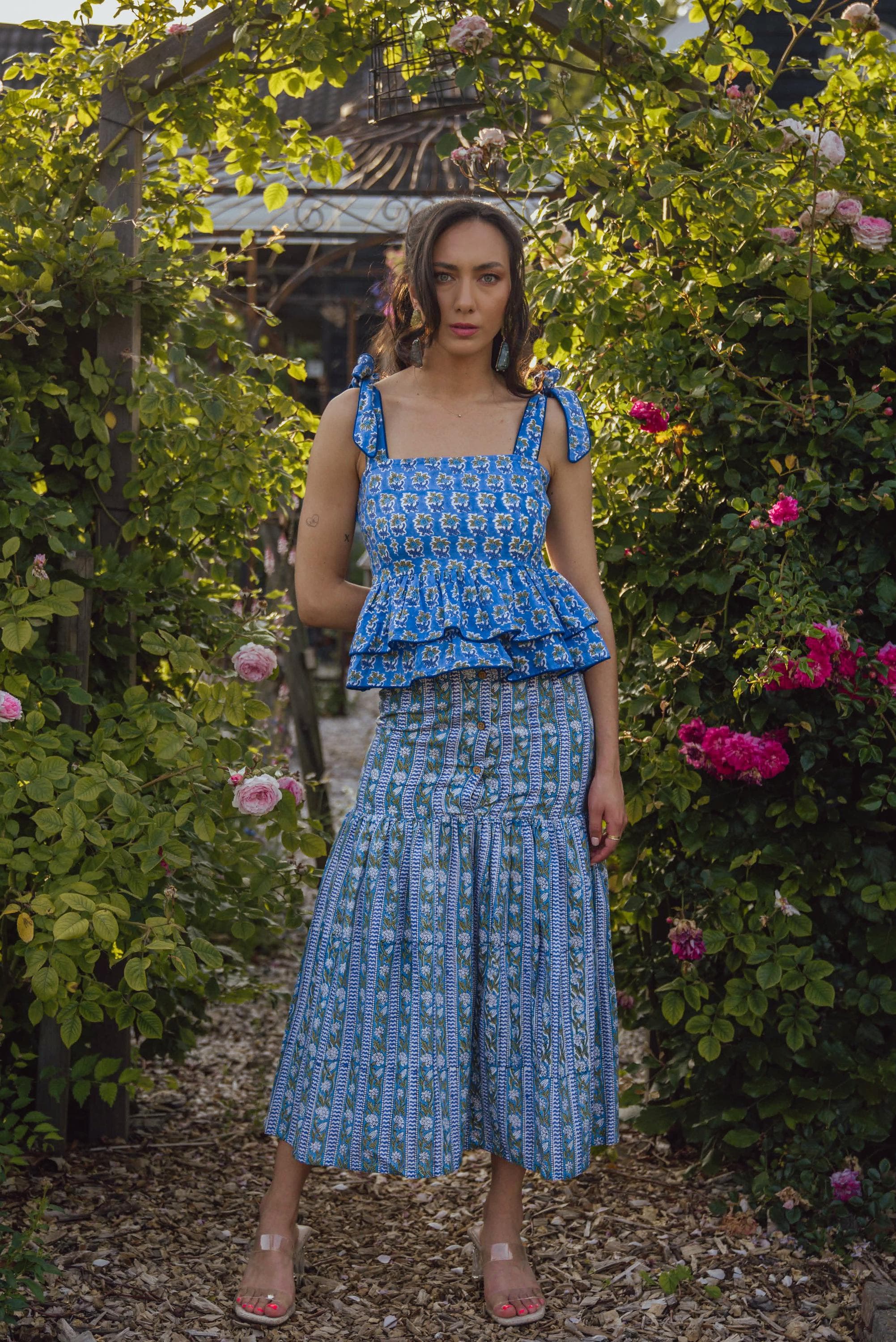 Hand Block Printed Cotton Co-ord Set: Peplum Top & Fit-and-Flare Skirt