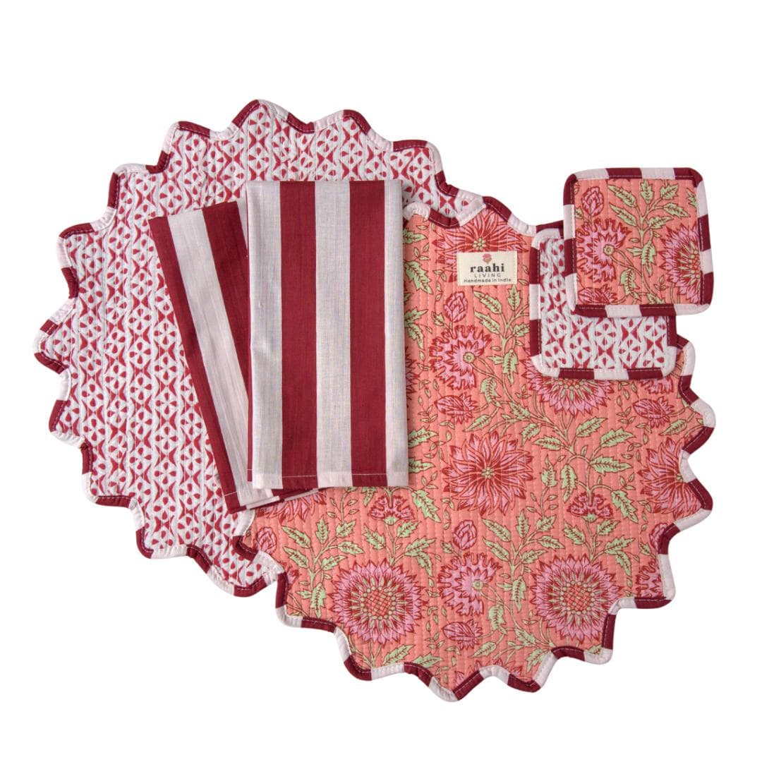 Quilted Round Pink Block Printed Scalloped Placemats Set of 2| Reversible Cotton Table Linens with Napkins & Coasters | Hand Blocked Decor