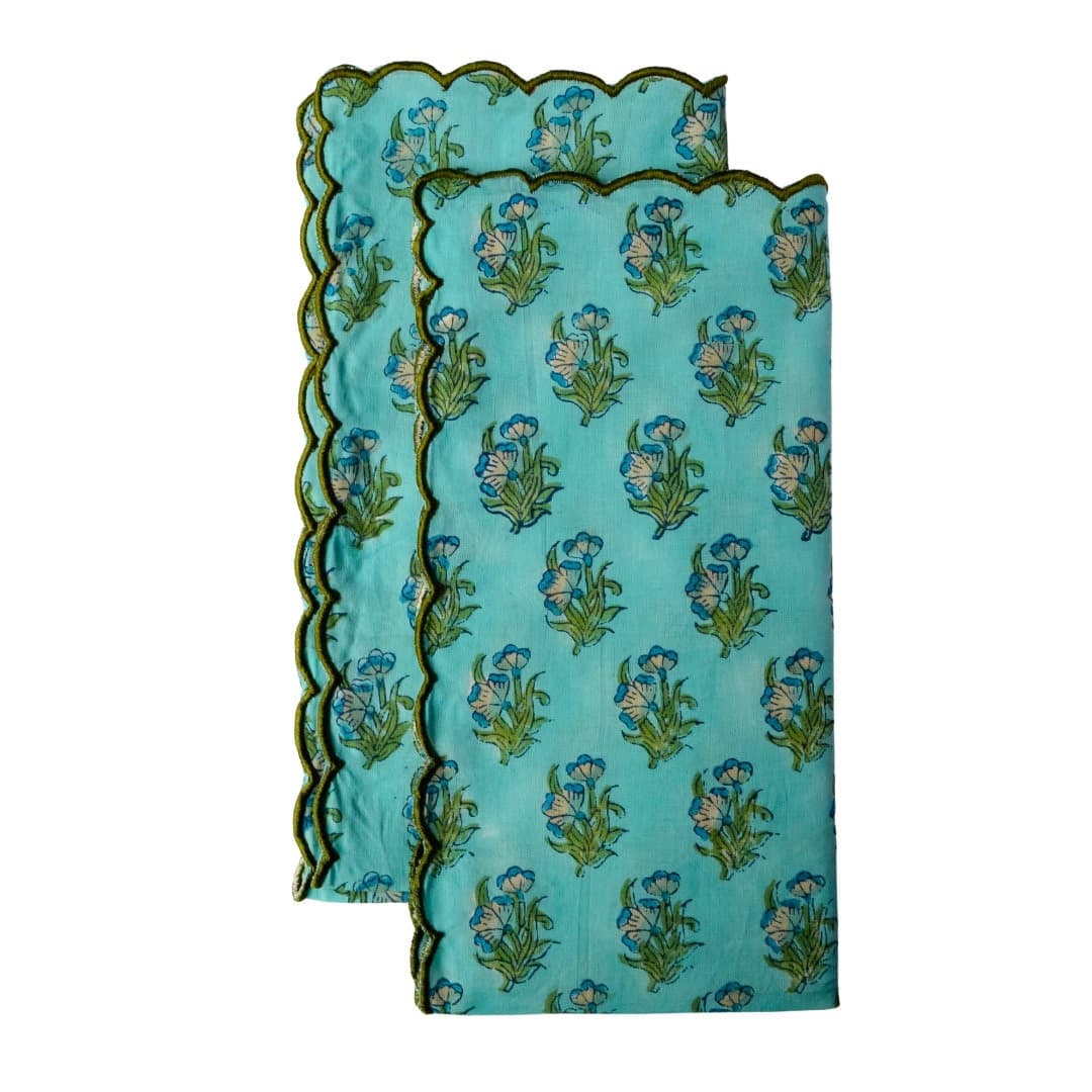 Hand Block Print Napkins (Set of 2) - Turquoise Floral, Scallop Edge