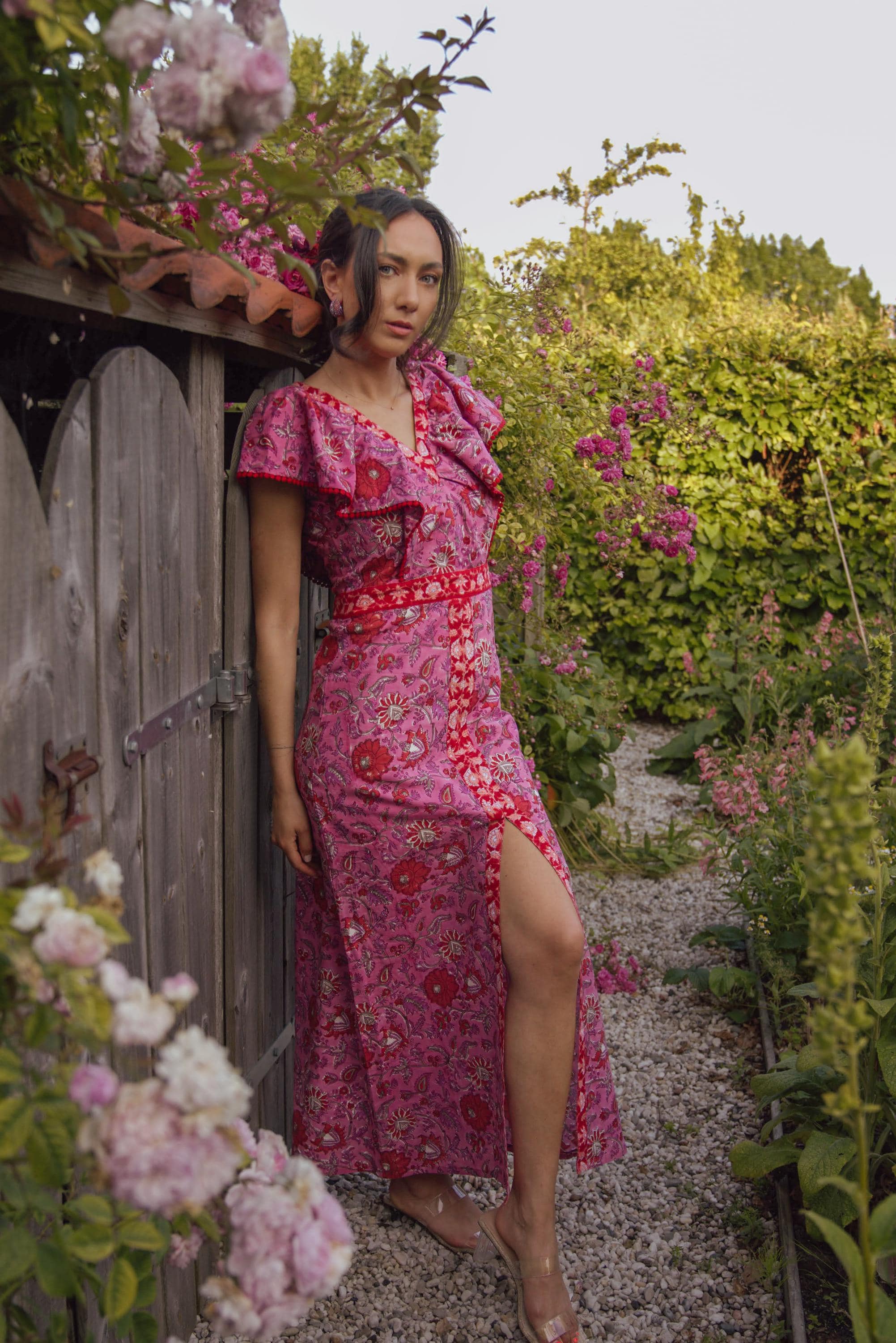 Hand Block Printed Cotton Maxi Dress, Magenta Red Floral Sundress - image 5