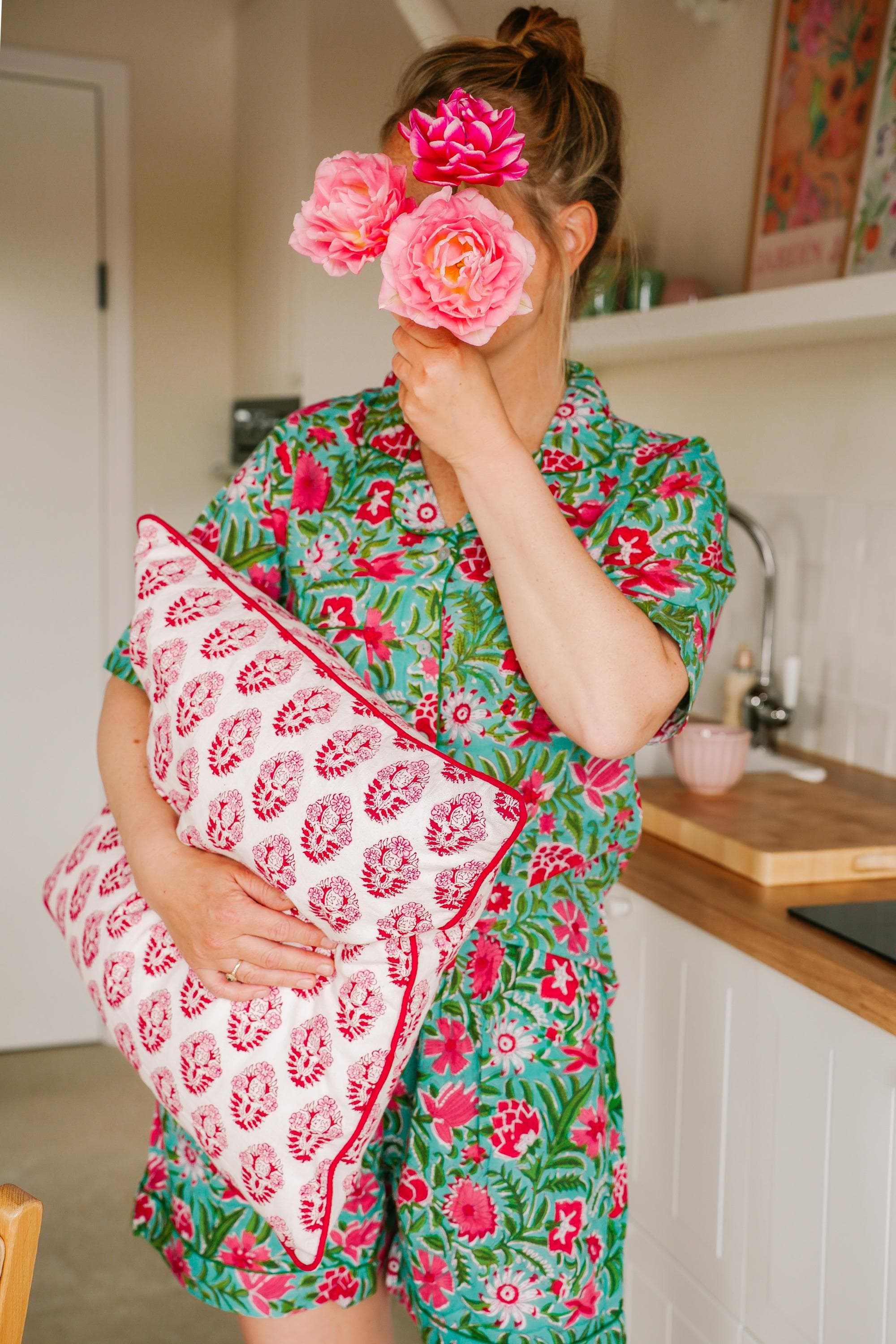 Hand Block Printed Organic Cotton Pajama Set, Turquoise Floral PJs - image 3