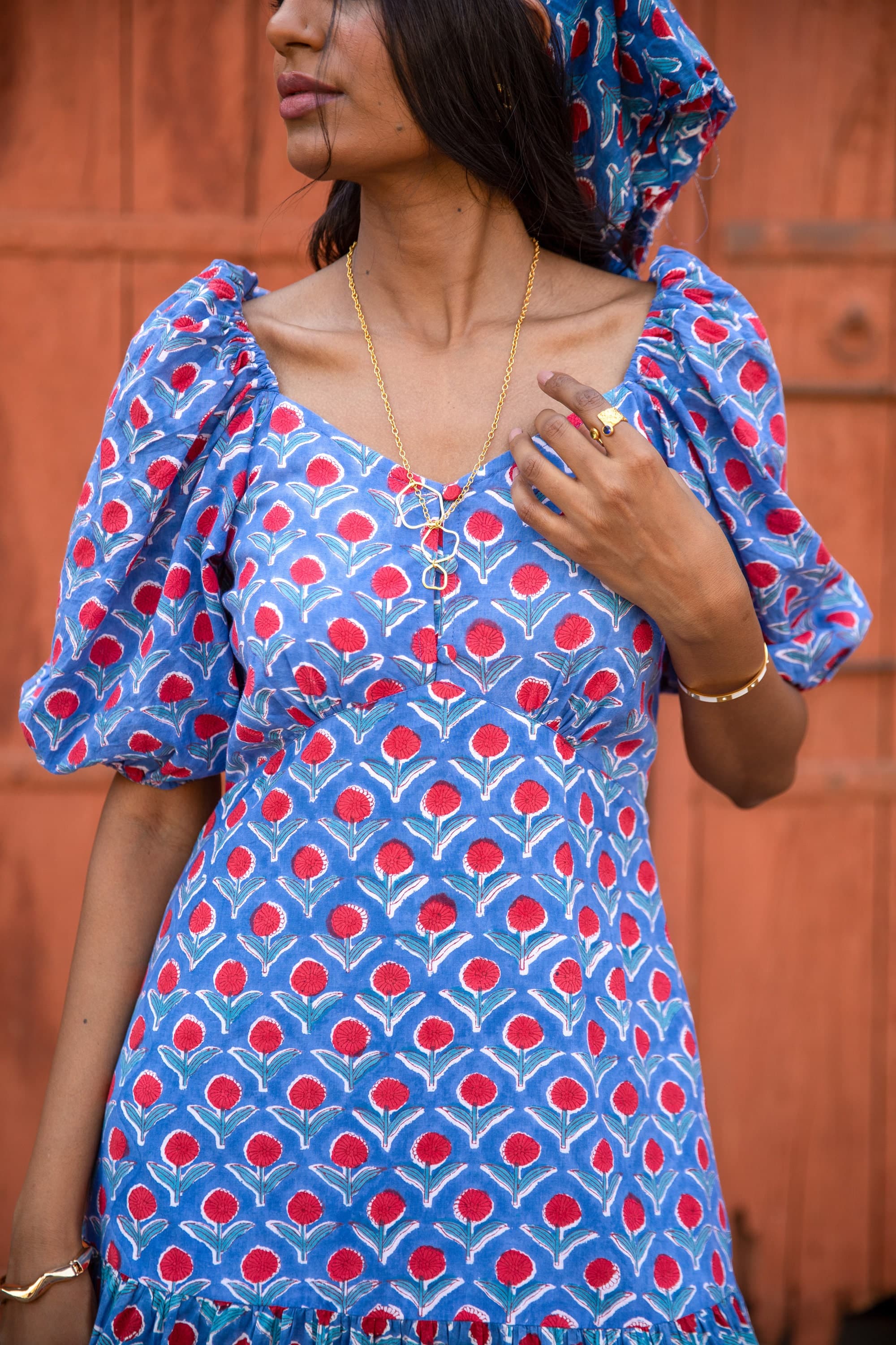 Hand Block Printed Cotton Sundress: Summer Blue Floral Puff Sleeve Dress - image 4