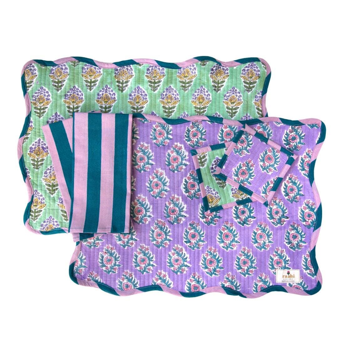 Handmade Quilted Cotton Placemat Set | Scalloped, Reversible Table Linens