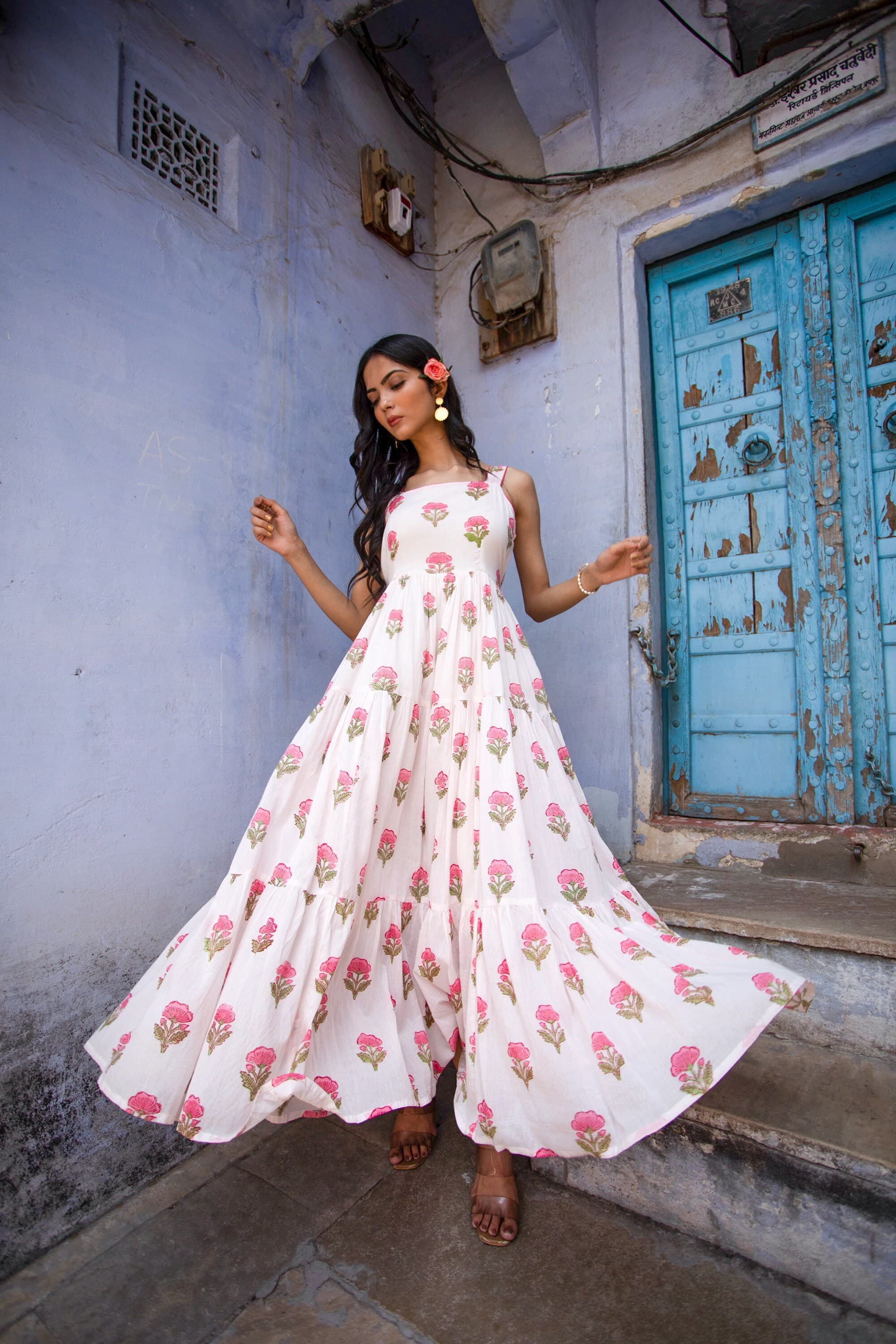 Hand Block Printed Floral Sundress, Organic Cotton Tiered Maxi Dress - image 4