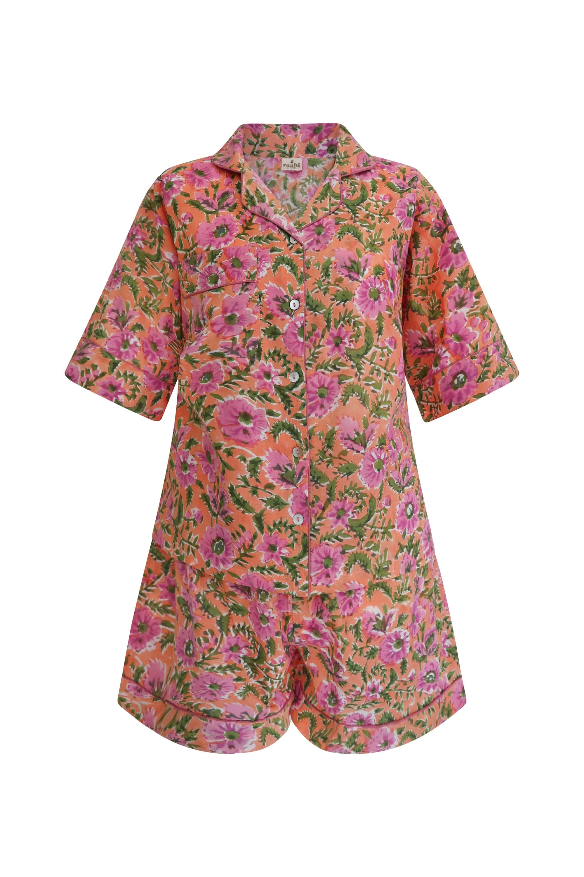 Hand Block Printed Organic Cotton Pajama Set, Peach Floral PJs