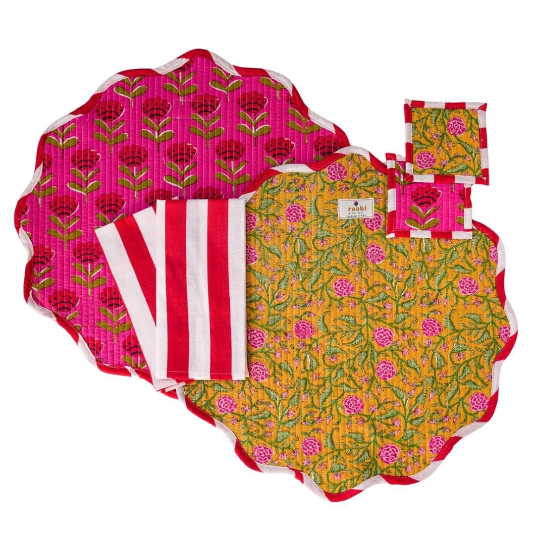 Block Printed Scalloped Placemat Set | Reversible Cotton Table Linens