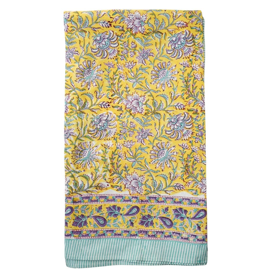 Yellow Floral Tablecloth, Hand Block Print, 100% Cotton (225x275cm)