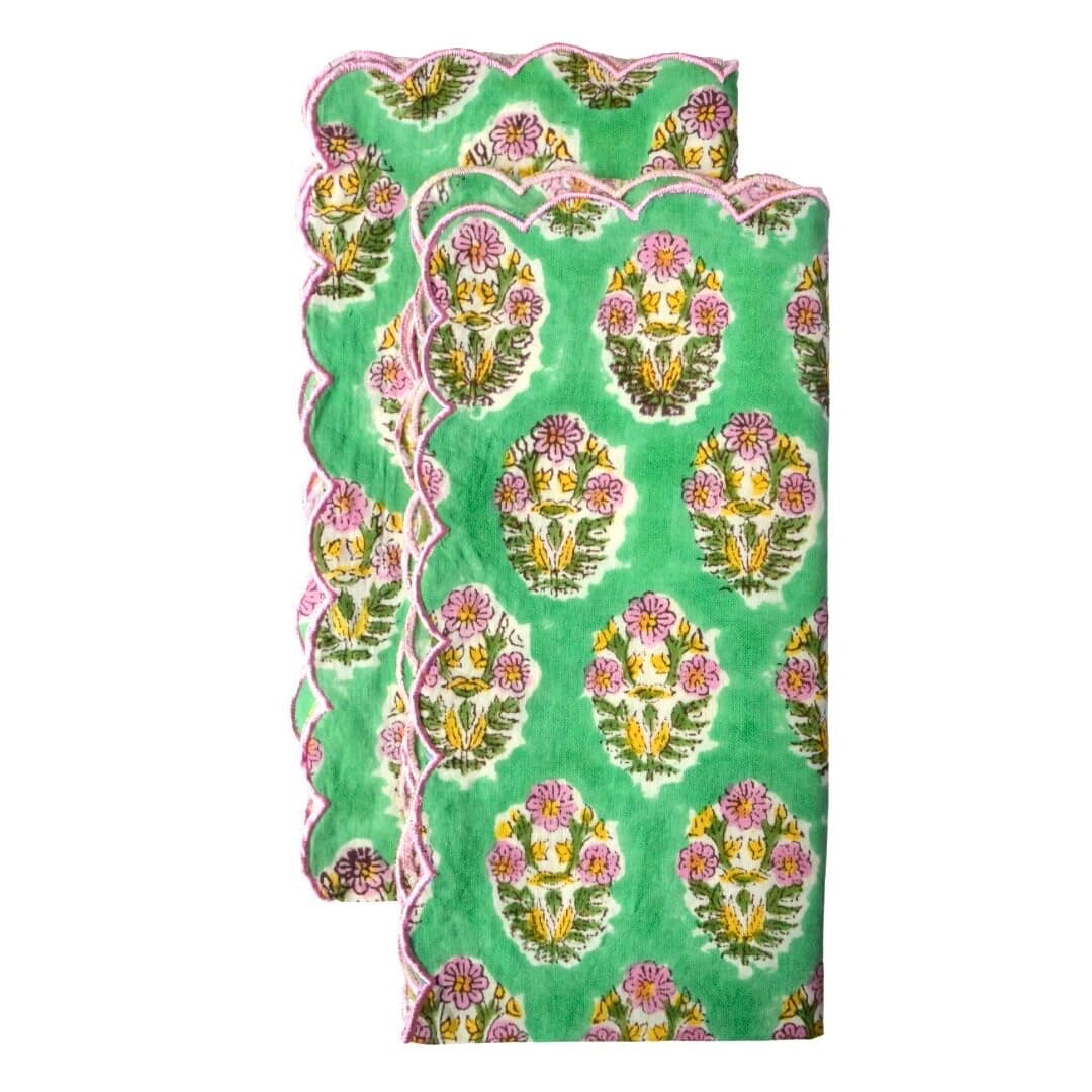Hand Block Print Napkins, Set of 2: Floral, Scallop Edge - image 4