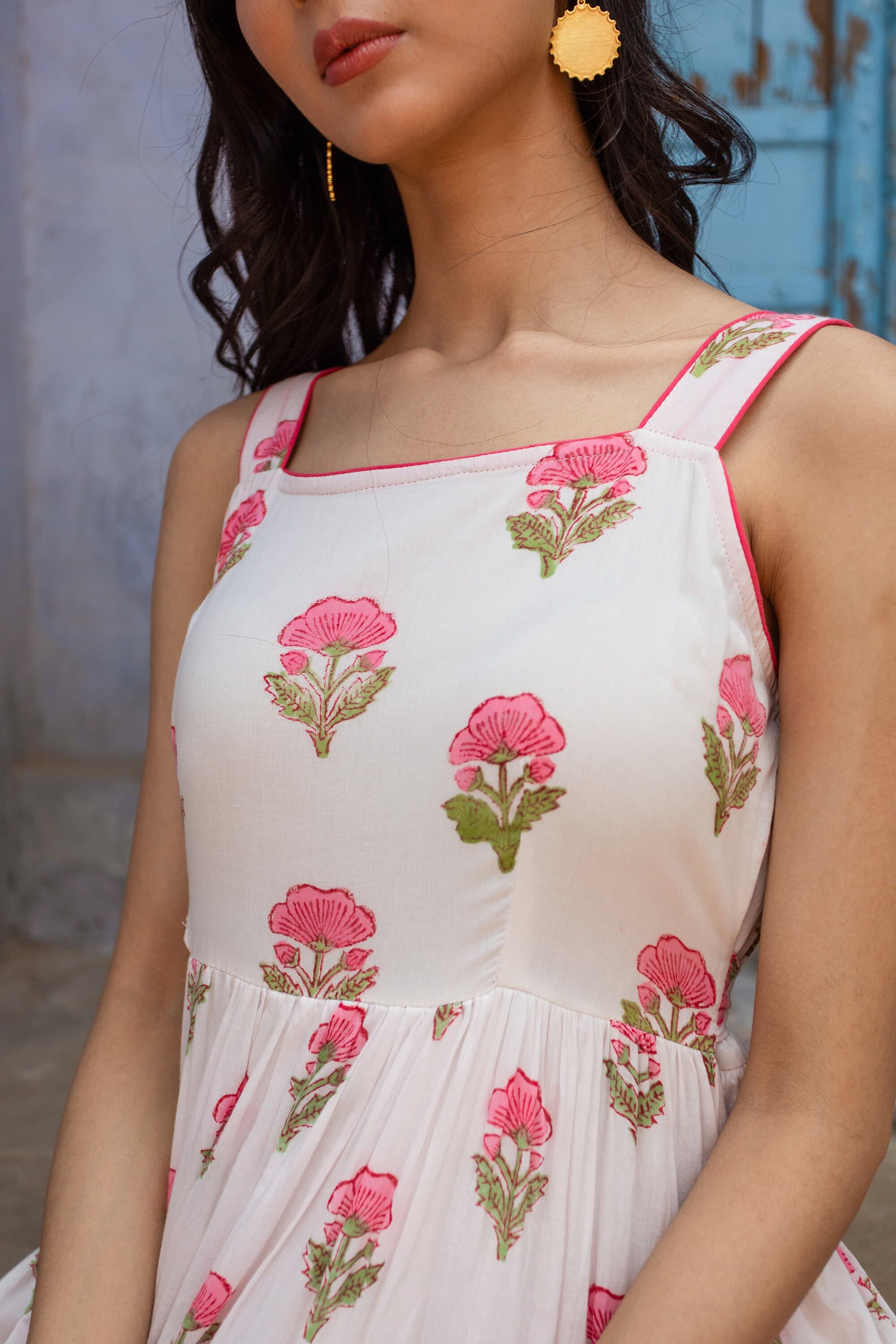 Hand Block Printed Floral Sundress, Organic Cotton Tiered Maxi Dress - image 3