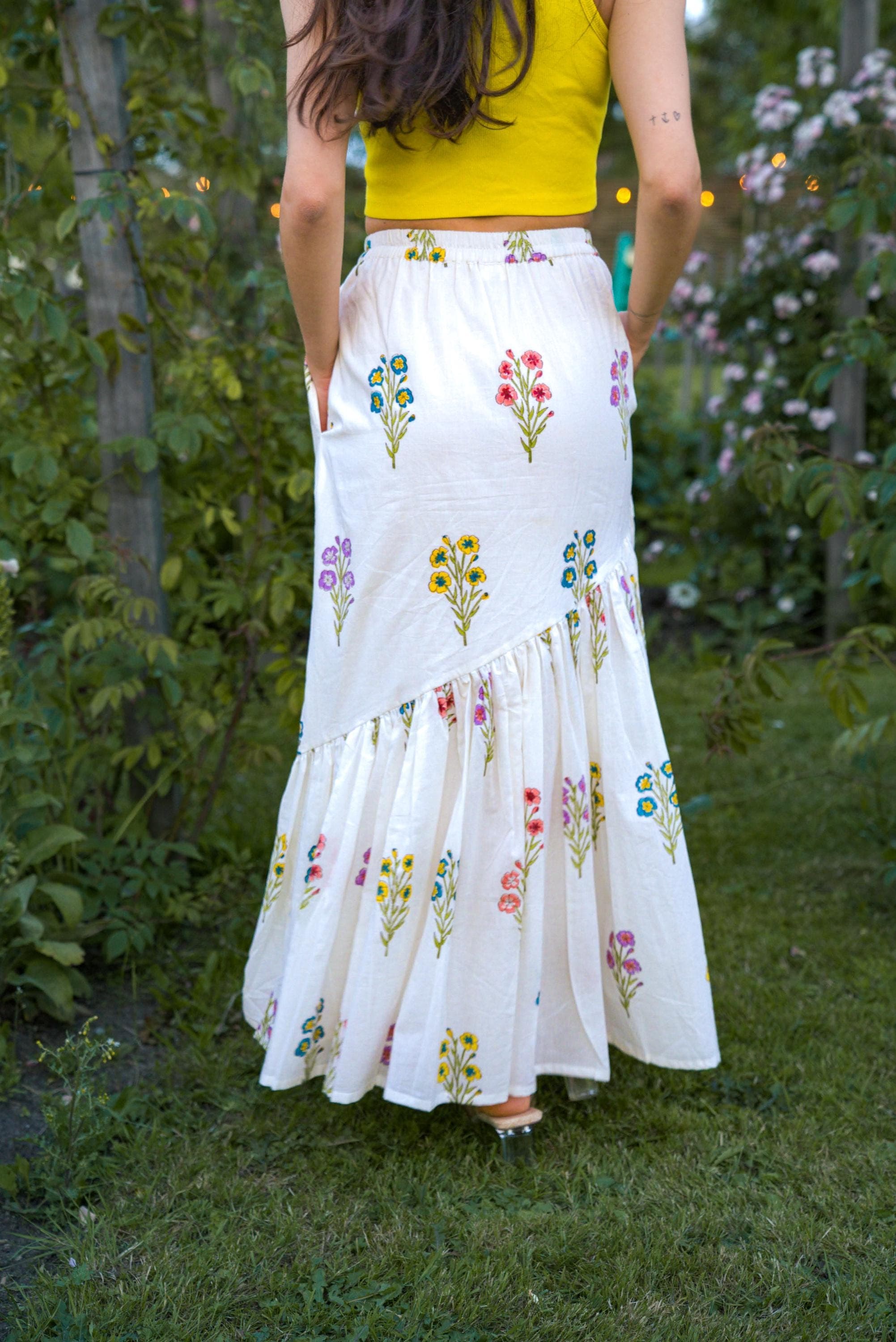 Hand Block Printed Floral Maxi Skirt - Organic Cotton Tiered Sundress - image 5