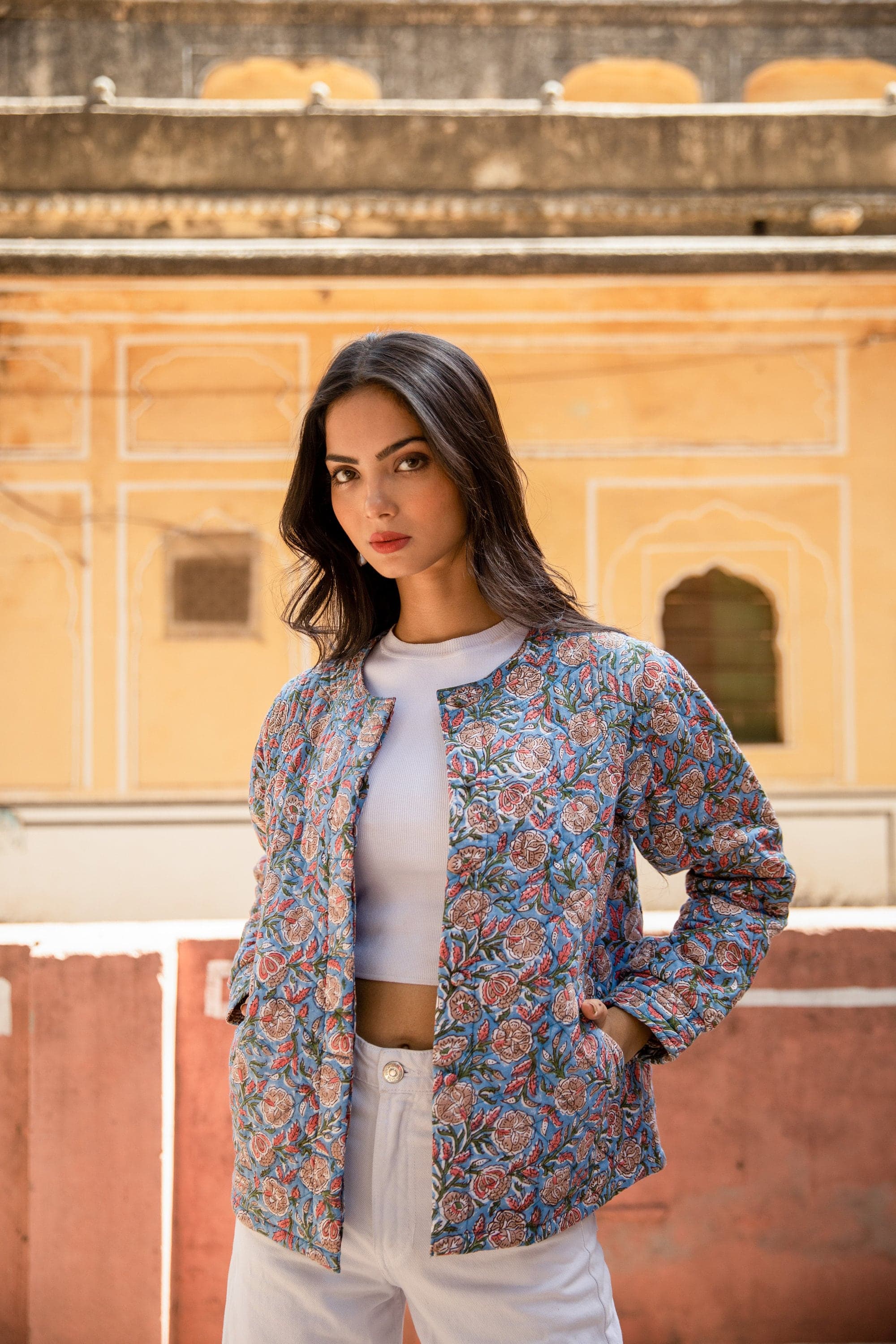 Hand Block Printed Quilted Jacket: Blue Floral Organic Cotton