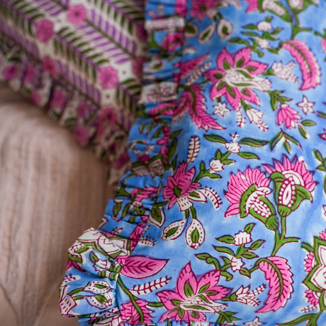 Hand Block Printed Cotton Cushion Cover, Blue Floral Ruffle Edge (30x50cm) - image 3