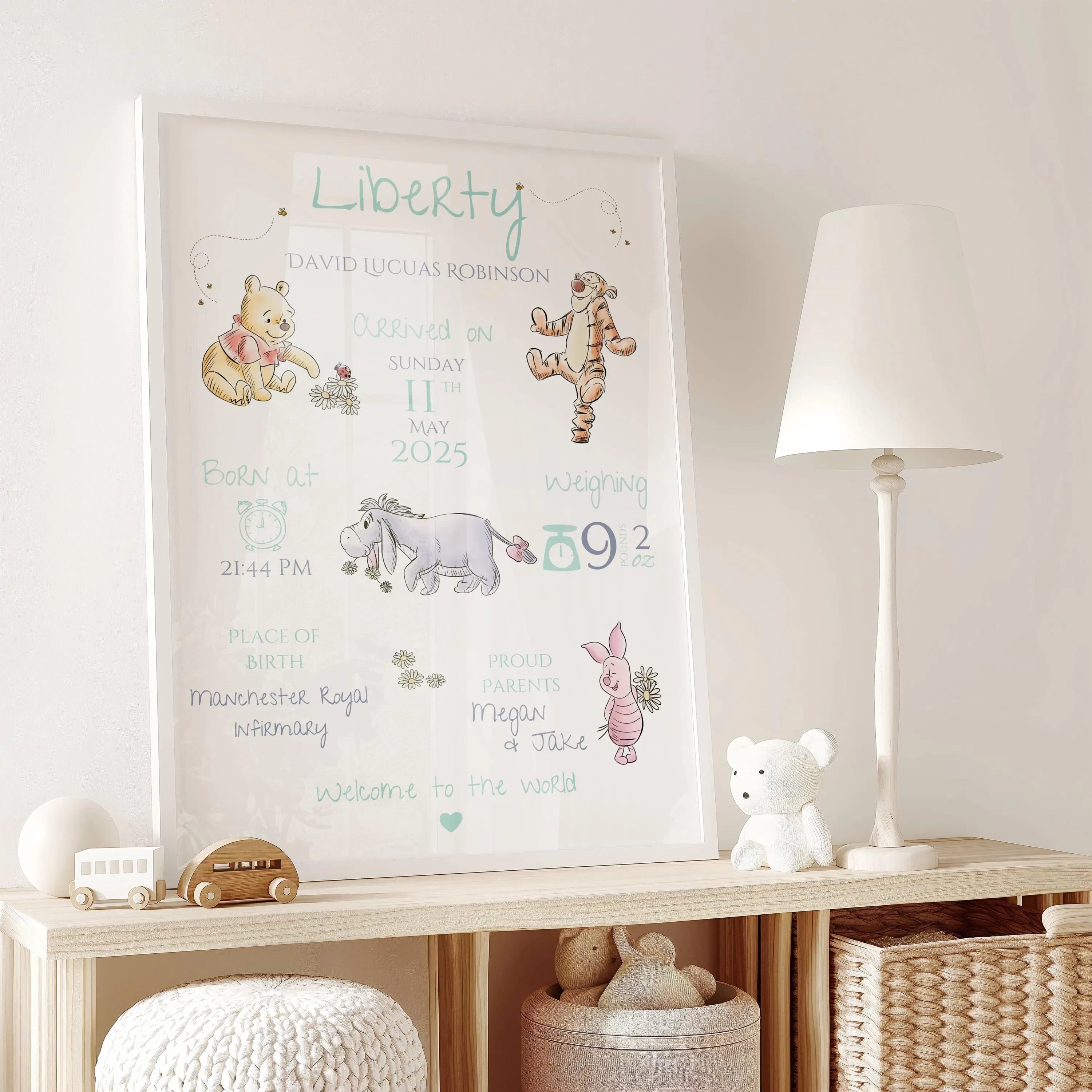 Personalised Winnie the Pooh Birth Print | Pooh Tigger Eeyore Piglet Nursery Wall Art | Custom Baby Name Print | New Baby Gift - image 4