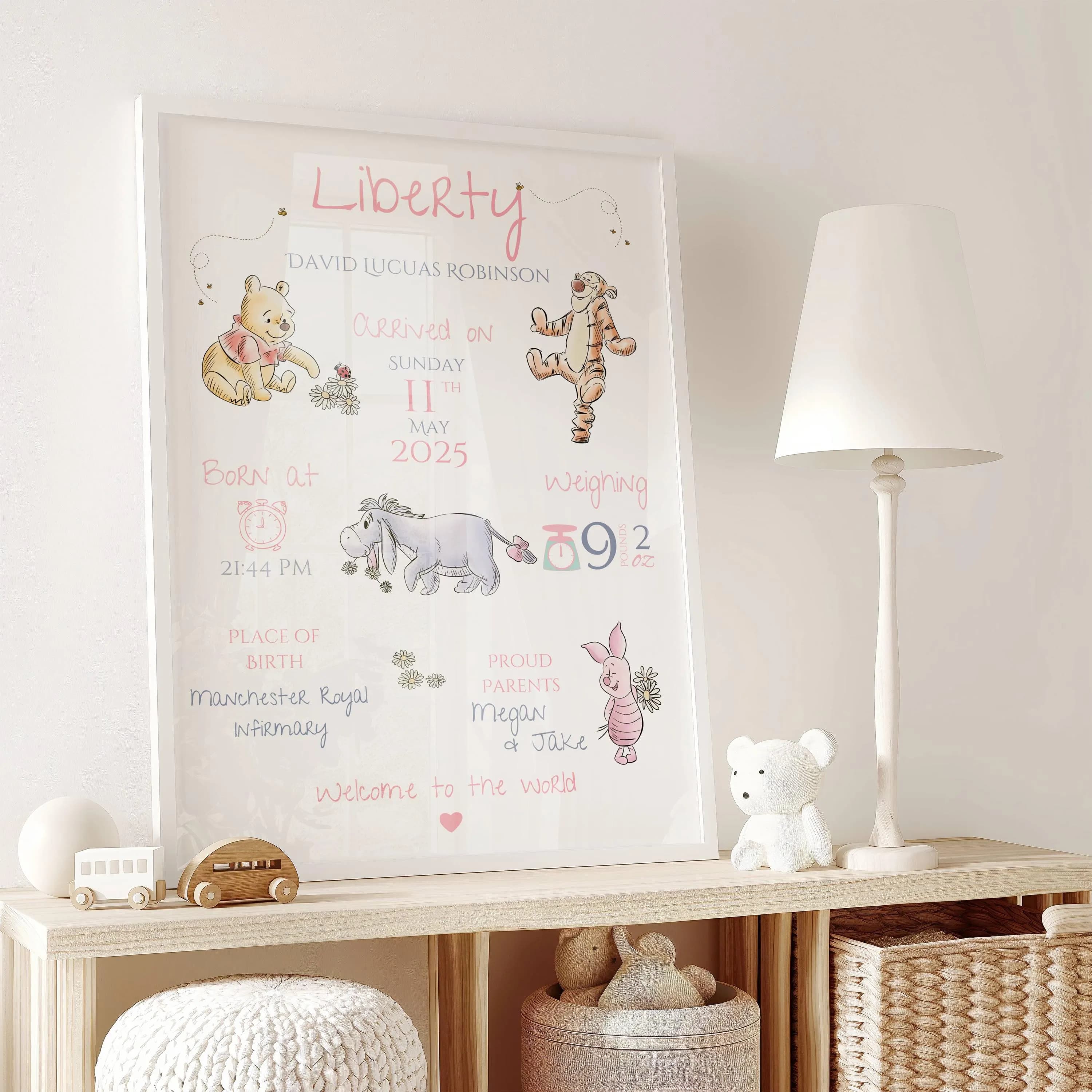 Personalised Winnie the Pooh Birth Print | Pooh Tigger Eeyore Piglet Nursery Wall Art | Custom Baby Name Print | New Baby Gift - image 5