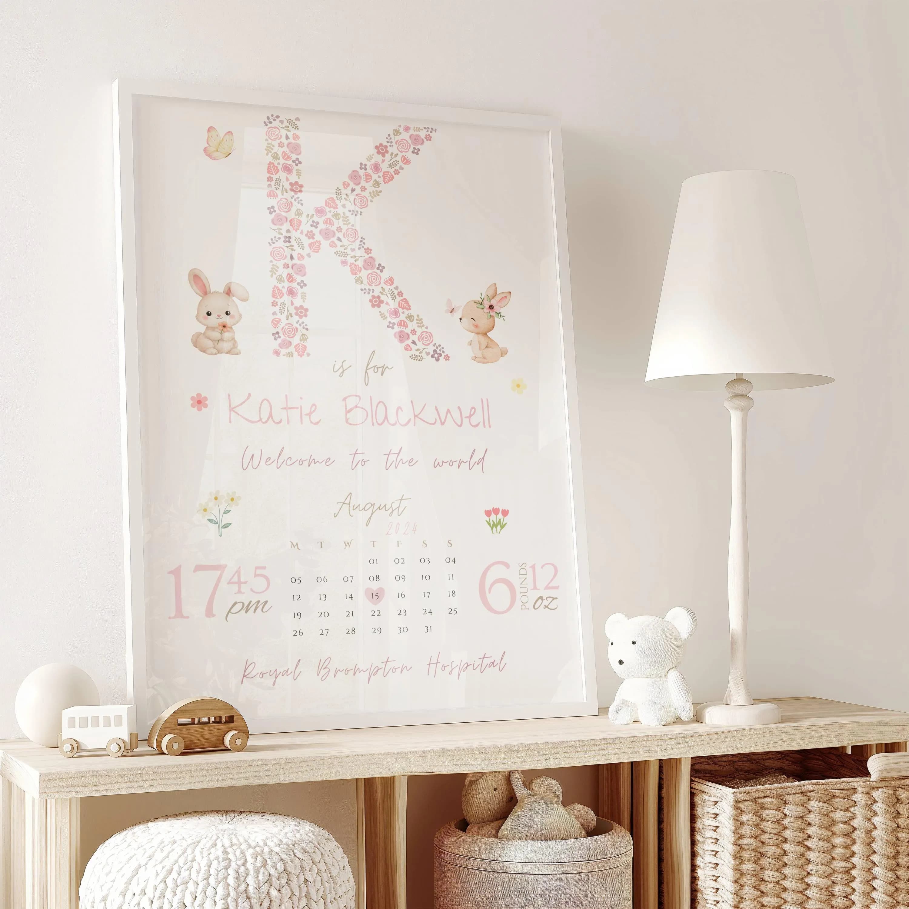 Personalized Baby Girl Birth Print: Floral Letter Keepsake - image 3