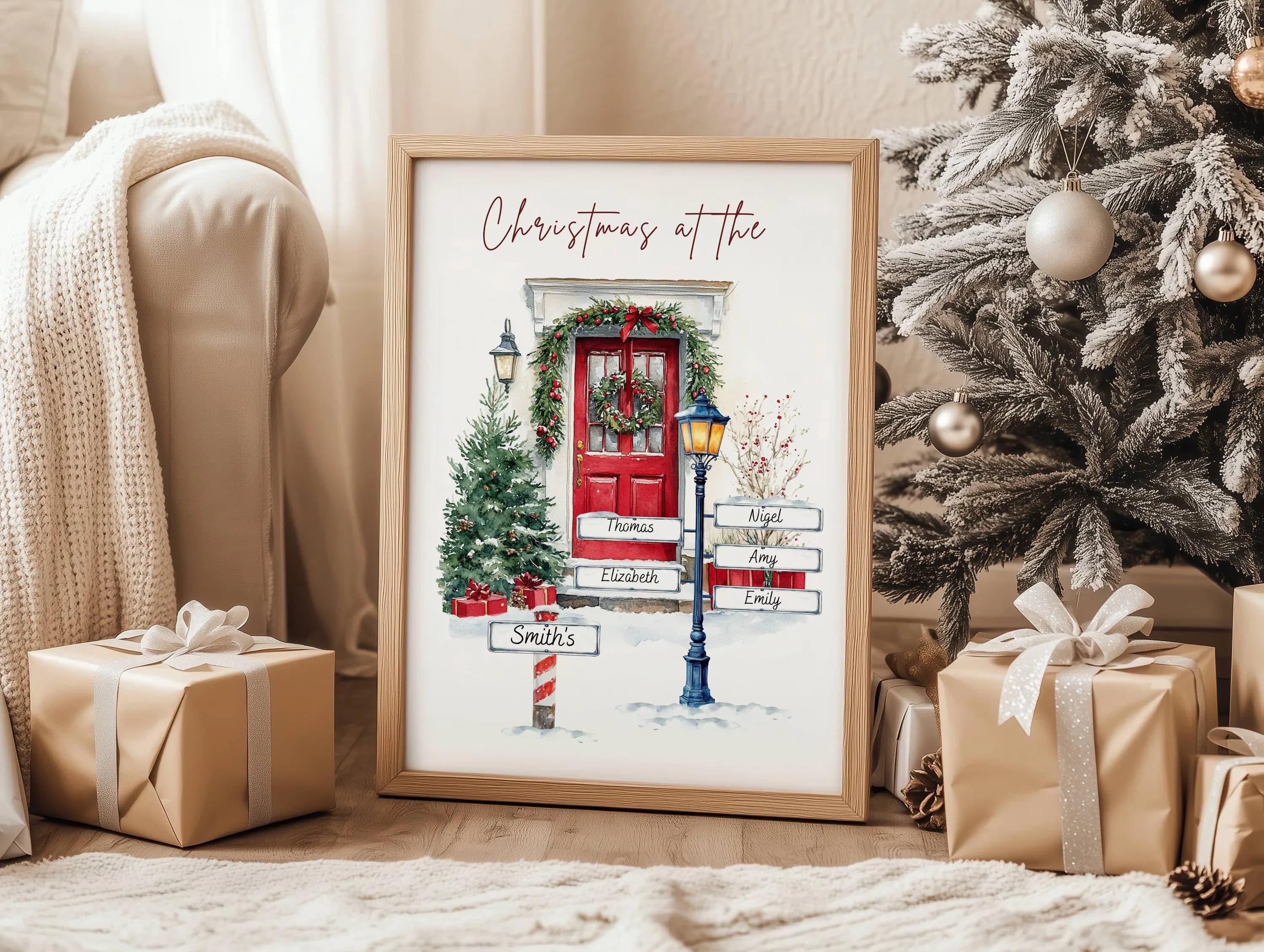 Personalised Christmas Family Door Print, Custom Family Name Wall Art Winter Watercolor (Digital Download) - image 4