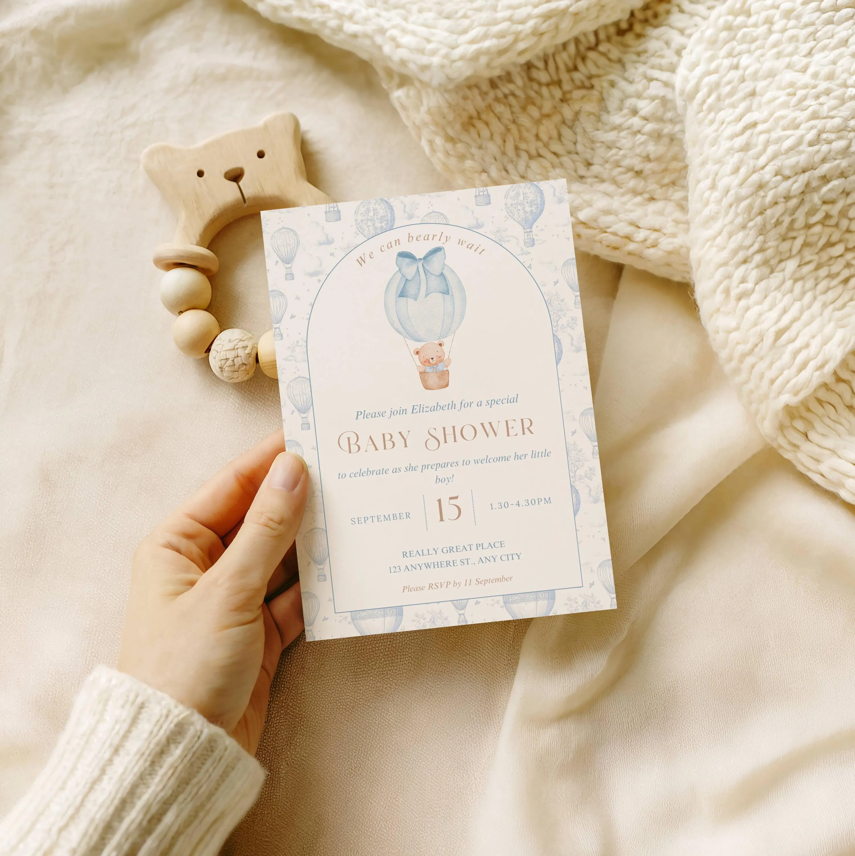 We Can Bearly Wait Baby Shower Editable Invitation Blue Toile with Brown Teddy Bear Hot Air Balloon Theme Printable Baby Shower Invite - image 5