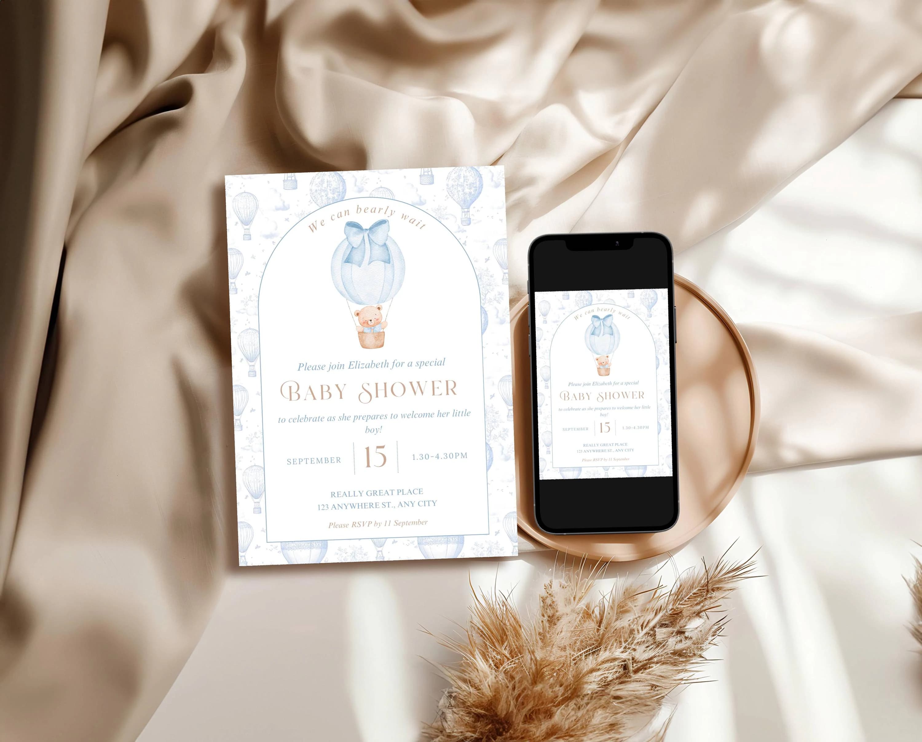 We Can Bearly Wait Baby Shower Editable Invitation Blue Toile with Brown Teddy Bear Hot Air Balloon Theme Printable Baby Shower Invite - image 4