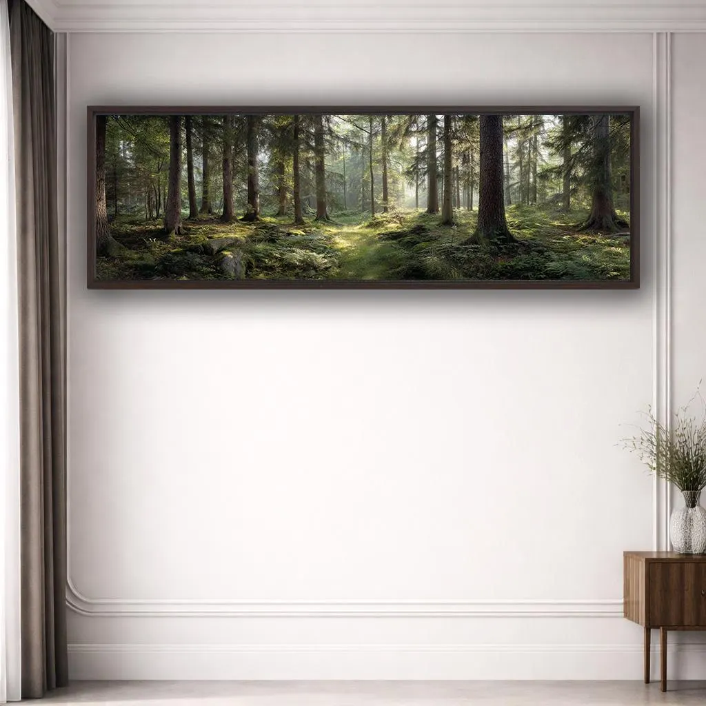 Sunlit Forest Canvas Wall Art, Peaceful Woodland Path Panoramic Horizontal Landscape Painting Living Room Decor