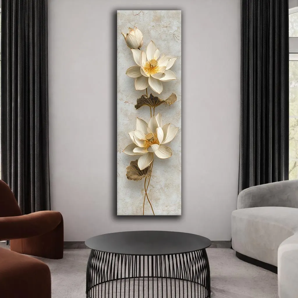 Lotus Flower Canvas Wall Art, Neutral Beige and Gold Botanical Decor, Elegant Vertical Modern Artwork for Living Room - image 3
