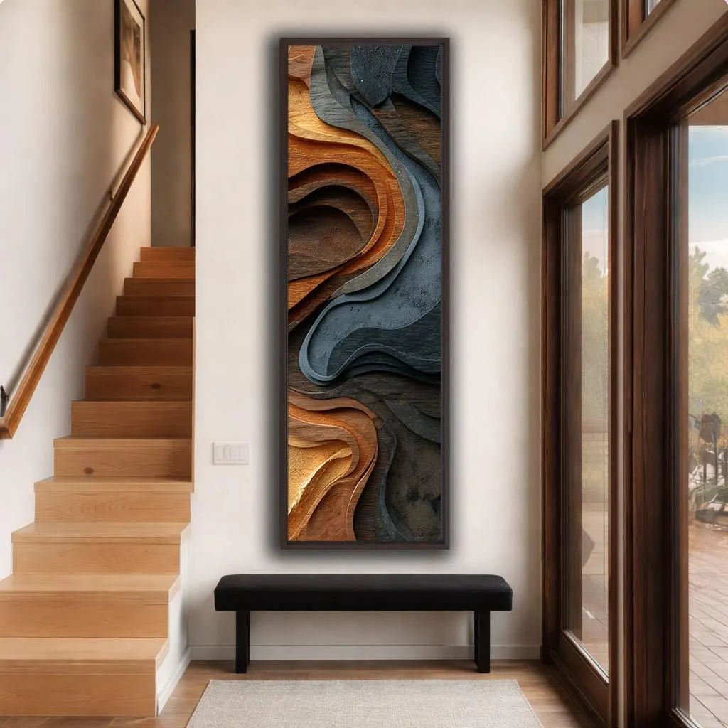 Abstract Earth Tone Canvas Wall Art, Layered Wood Texture Waves, Modern Neutral Vertical Decor for Living Room